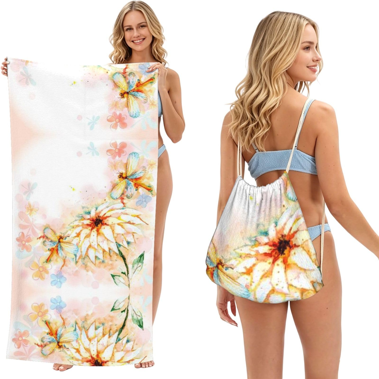 ESNAIUVCD Flying Dragonflies Lily Flower Print Beach Towel For Adults,Towel With Drawstring Bag, Travel Pool Swimming Sports Shower Sand Free Quick Dry Bath Towel For Pool, Beach, Yoga- 180x60cm