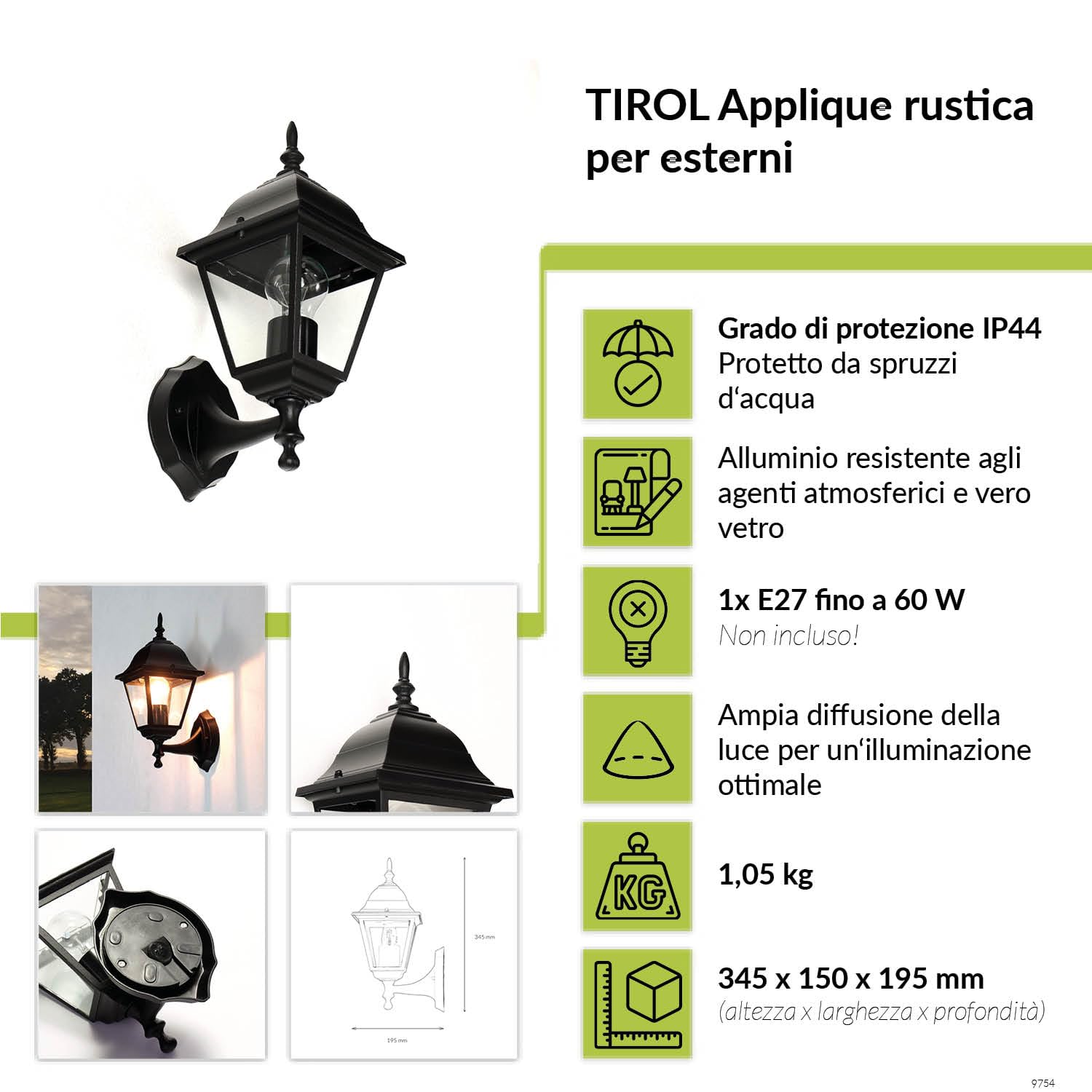 Lanterna rustica da esterno Tirol antica stile retrò nera impermeabile IP44 E27 ideale per: cortile luce illuminazione ingresso giardino