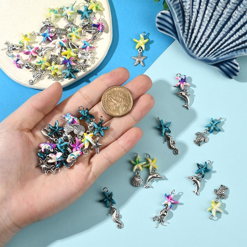 SUNNYCLUE 1 Box 42Pcs 21 Styles Sea Turtle Alloy Charm Beach Dangle Charms Synthetic Turquoise Starfish Summer Metal Shell Colorful Ocean Animal Pendants Findings for Jewelry Necklace Bracelet Crafts - Image 4
