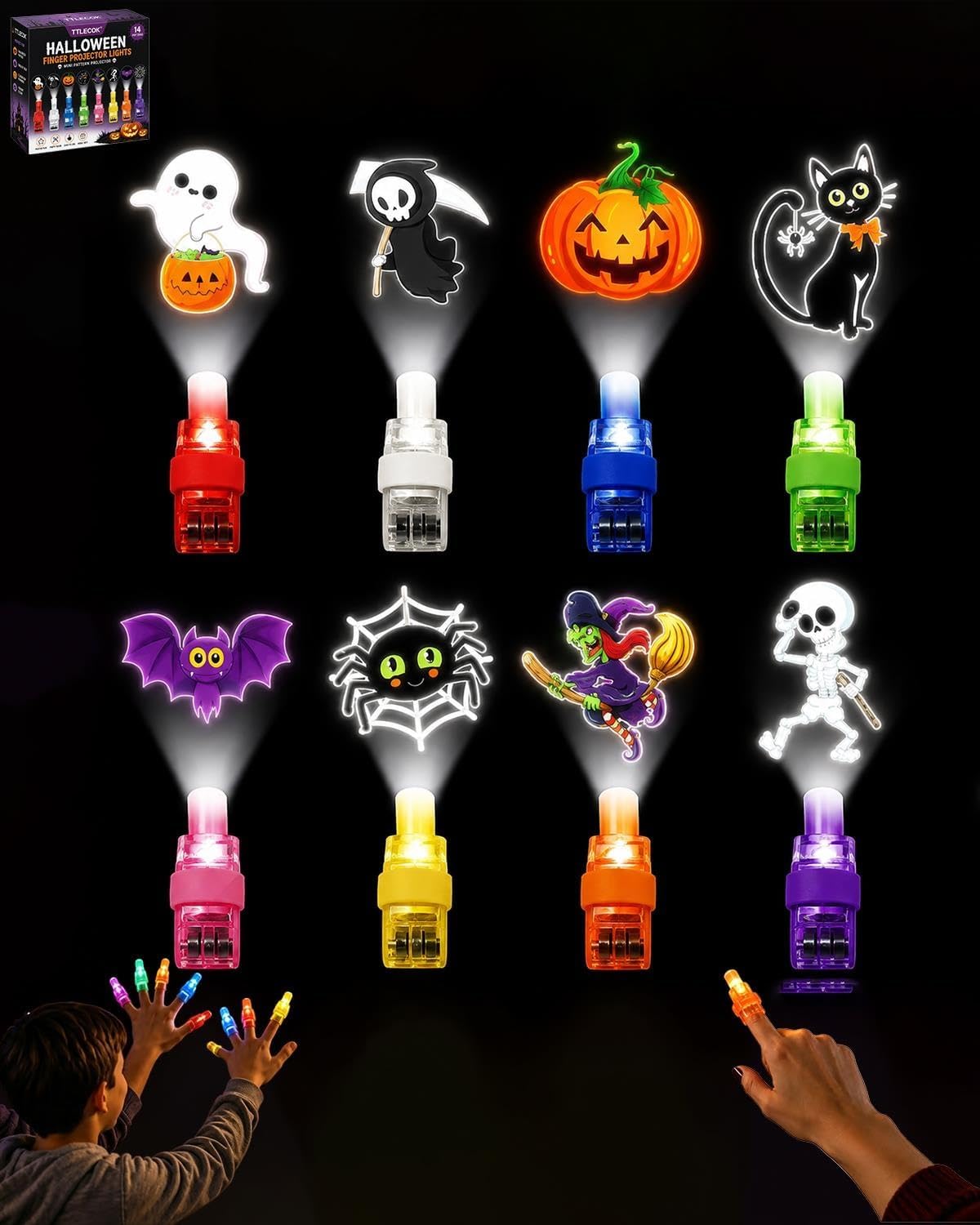 Halloween Finger Projector Lights – Mini Pattern Projector, Magic Thumb Light, Colorful LED Finger Lights for Party Fun, Treat Bags Classroom Rewards Indoor Seasonal Decorations Set(24pcs-B)