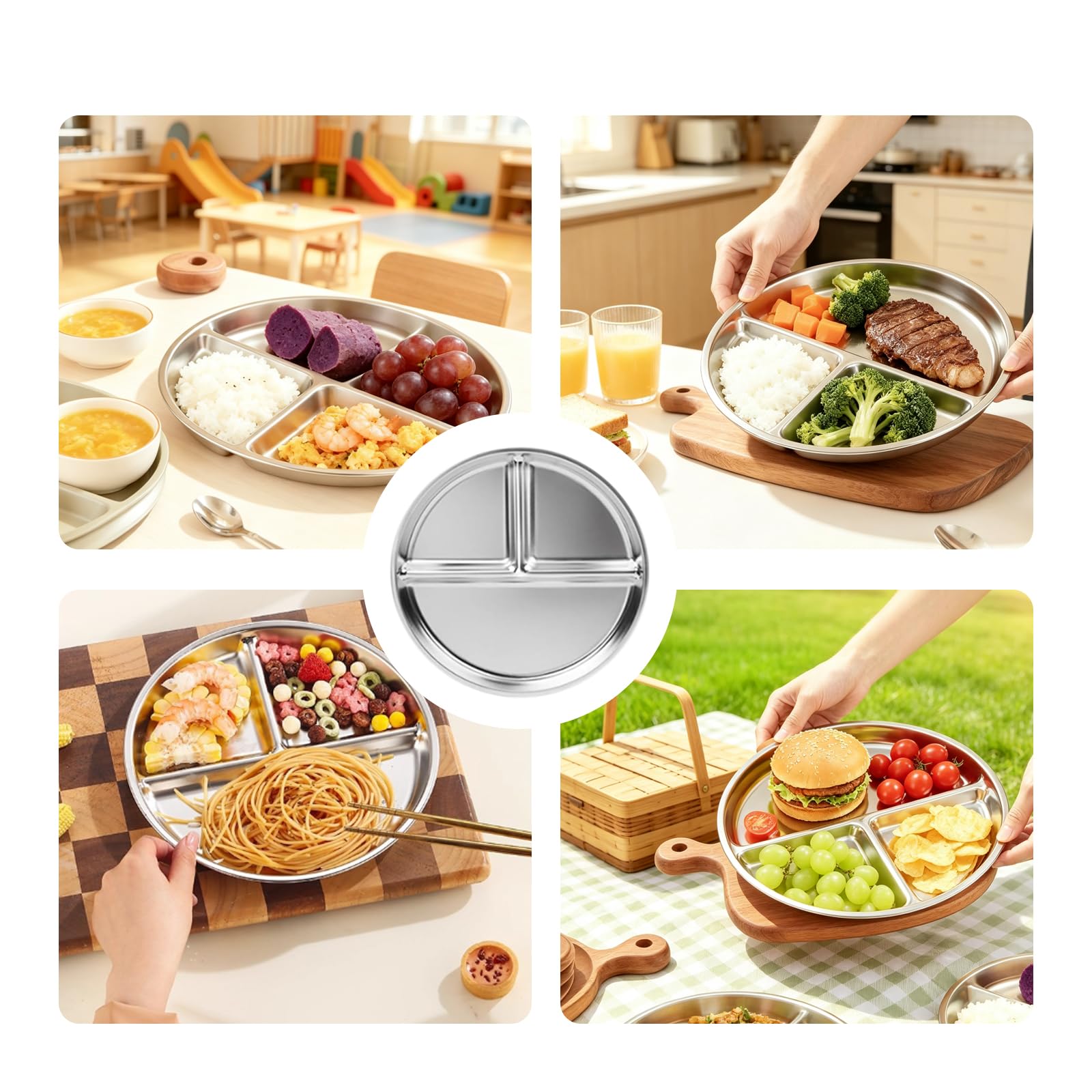 JAWAI 4 Pièce Assiette Inox, Assiettes Divisées en Acier Inoxydable 23 cm | Inox, 4 Pièces, Compartimentées, 23 cm