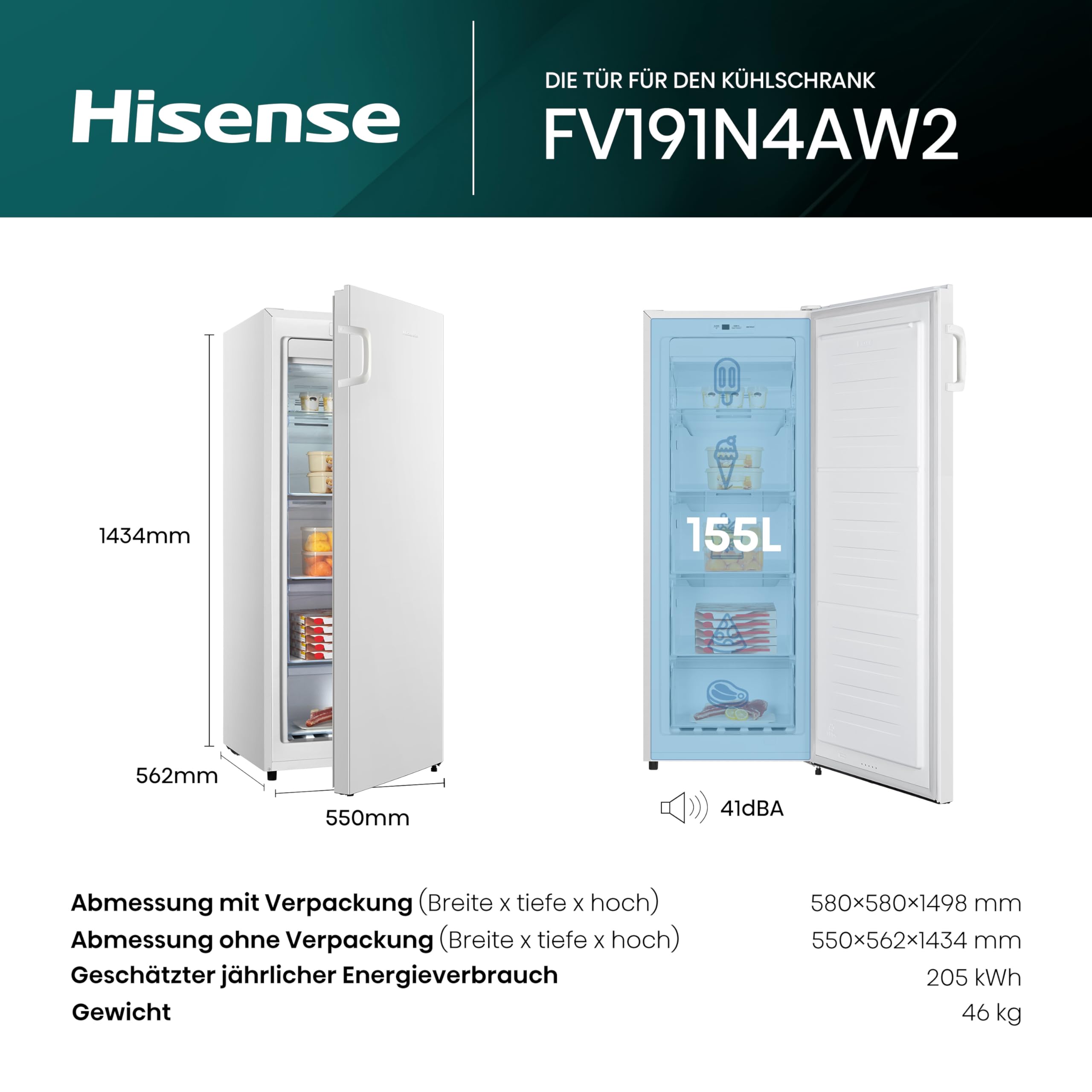 Hisense FV191N4AW2 Gefrierschrank/ TotalNoFrost/ SuperFreeze/ Türalarm/ Multiflow 360°/ BigBox/ 143 147L – Bild 2