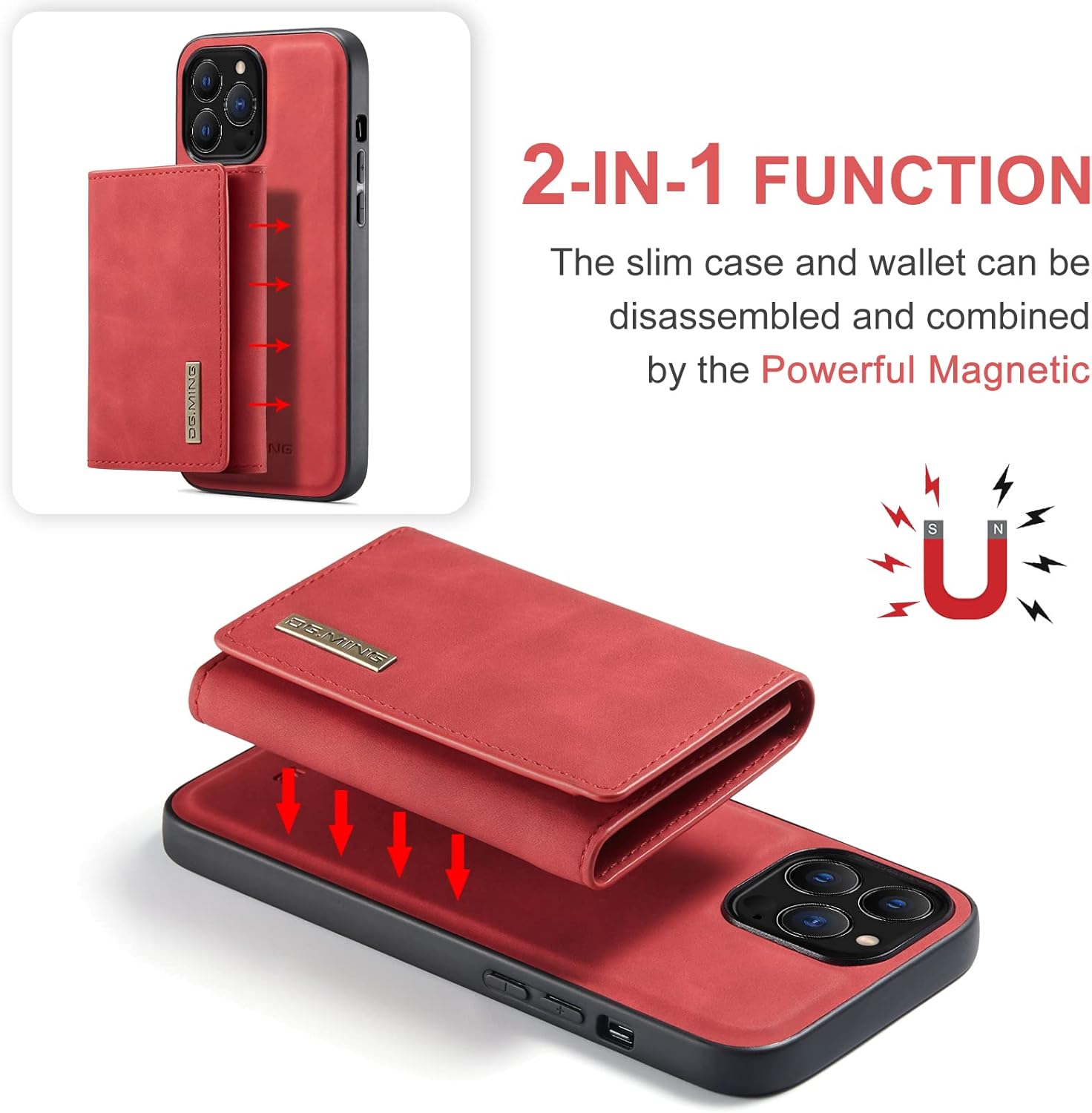 iPhone 14/14 Plus/14 Pro /14 Pro Max 背面多機能スマホケース 2イン1 取り外し可能な磁気携帯電