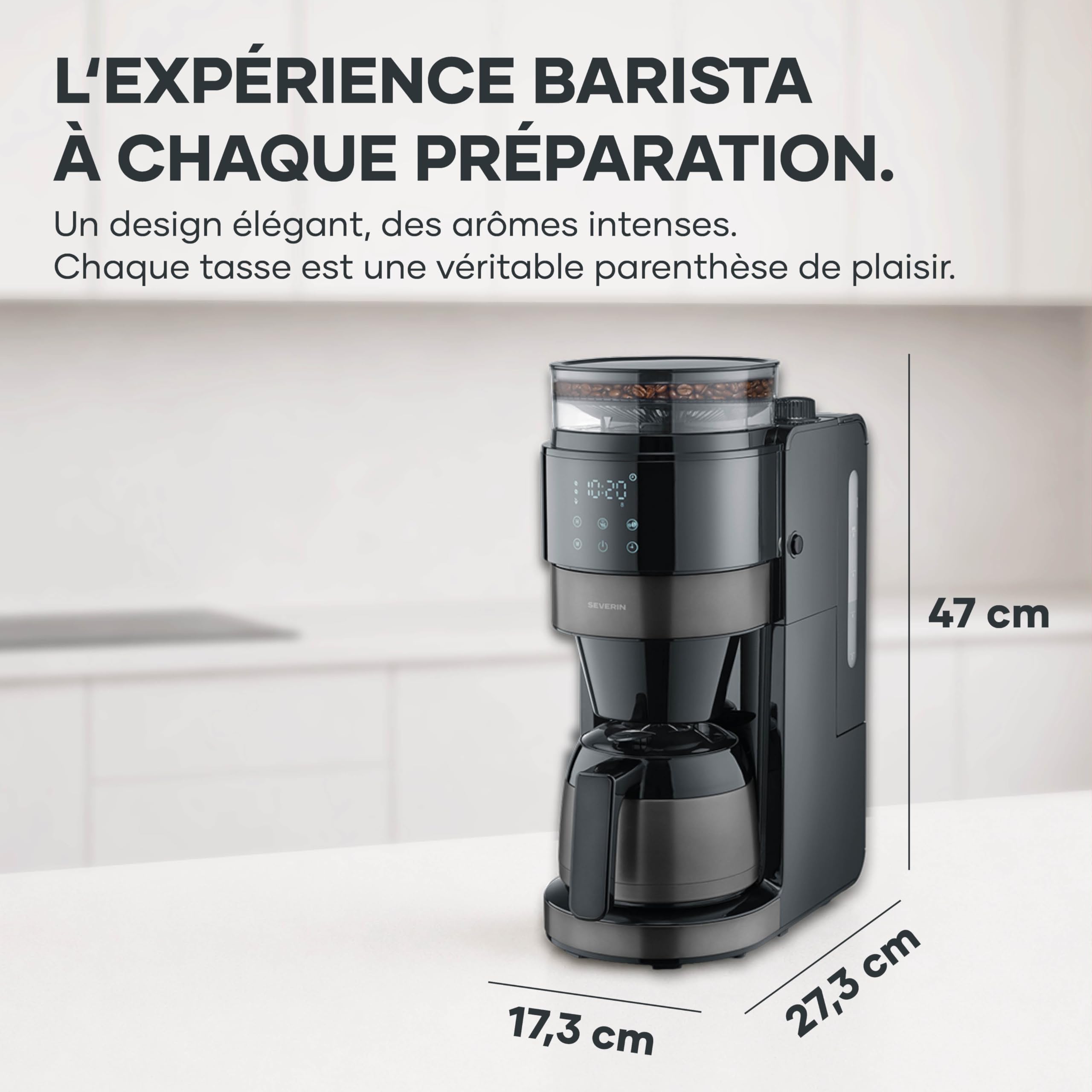 SEVERIN Machine à café filtre avec broyeur intégré et verseuse isotherme - S-Taste AromaOne- 1,25L jusqu'à 10 tasses - Affichage LED tactile - Stop goutte & arrêt automatique - Inox foncé, KA 4831