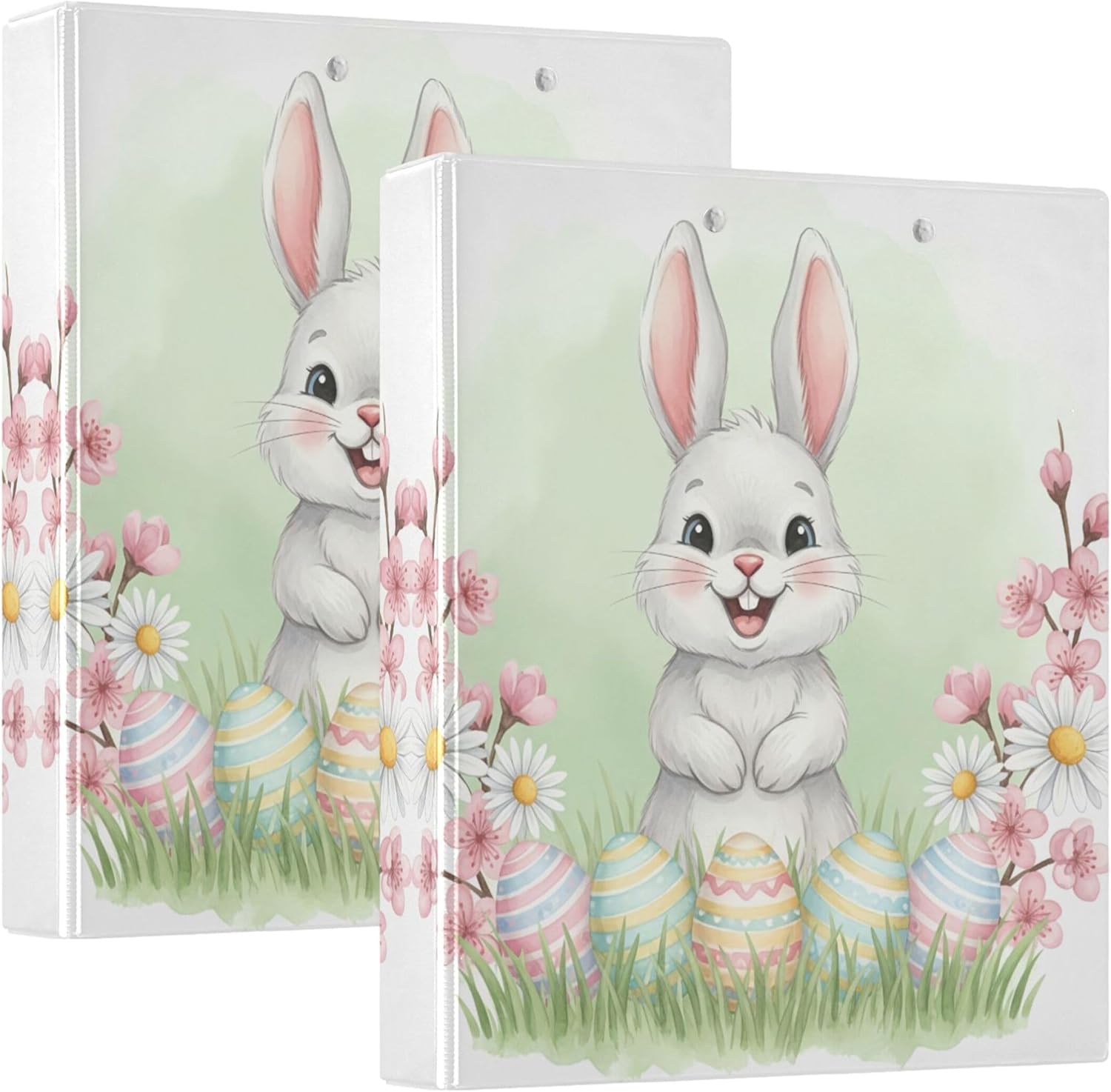 Happy Easter Bunny Eggs 3 Ring Binders, 1.5” Round Ring Binders with Clipboard - Letter Size, 3 Interior PVC Clear Pockets & Anti-Slip Clip for Office School Supplies, 2PCS