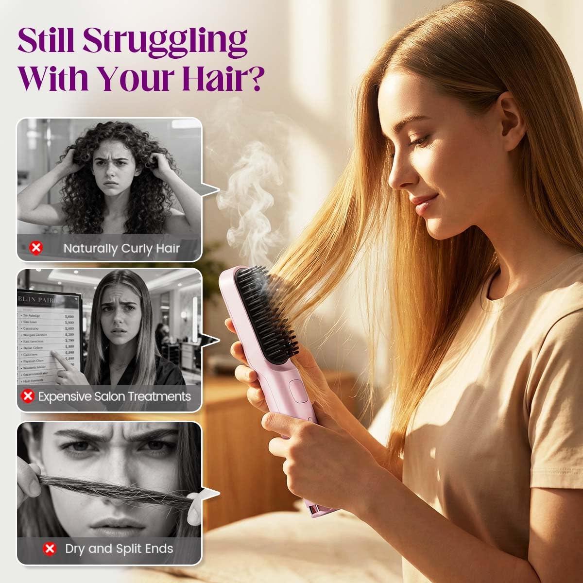 Go Brush for Short Hair, Cordless Hair Straightening Brush with 30s Quick Heat Up, 4 Adjustable Heat Levels, Ionic Ceramic Technology, USB-C Rechargeable for Anti-Frizz Styling (Pink)