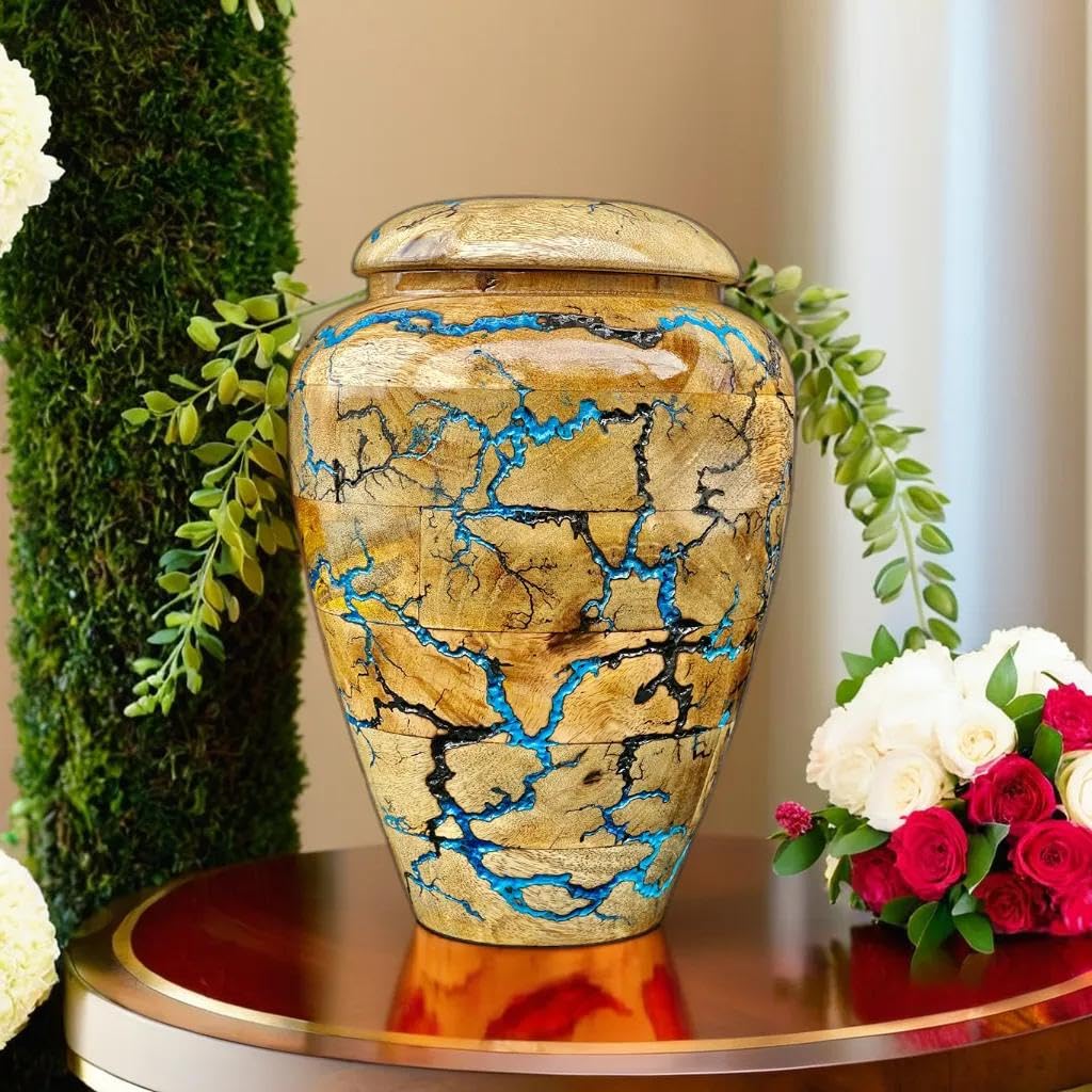 Prime Art 'Blue Storm' Wooden Urn For Ashes - Handcrafted, Large Size (200 Cubic Inches)-346857