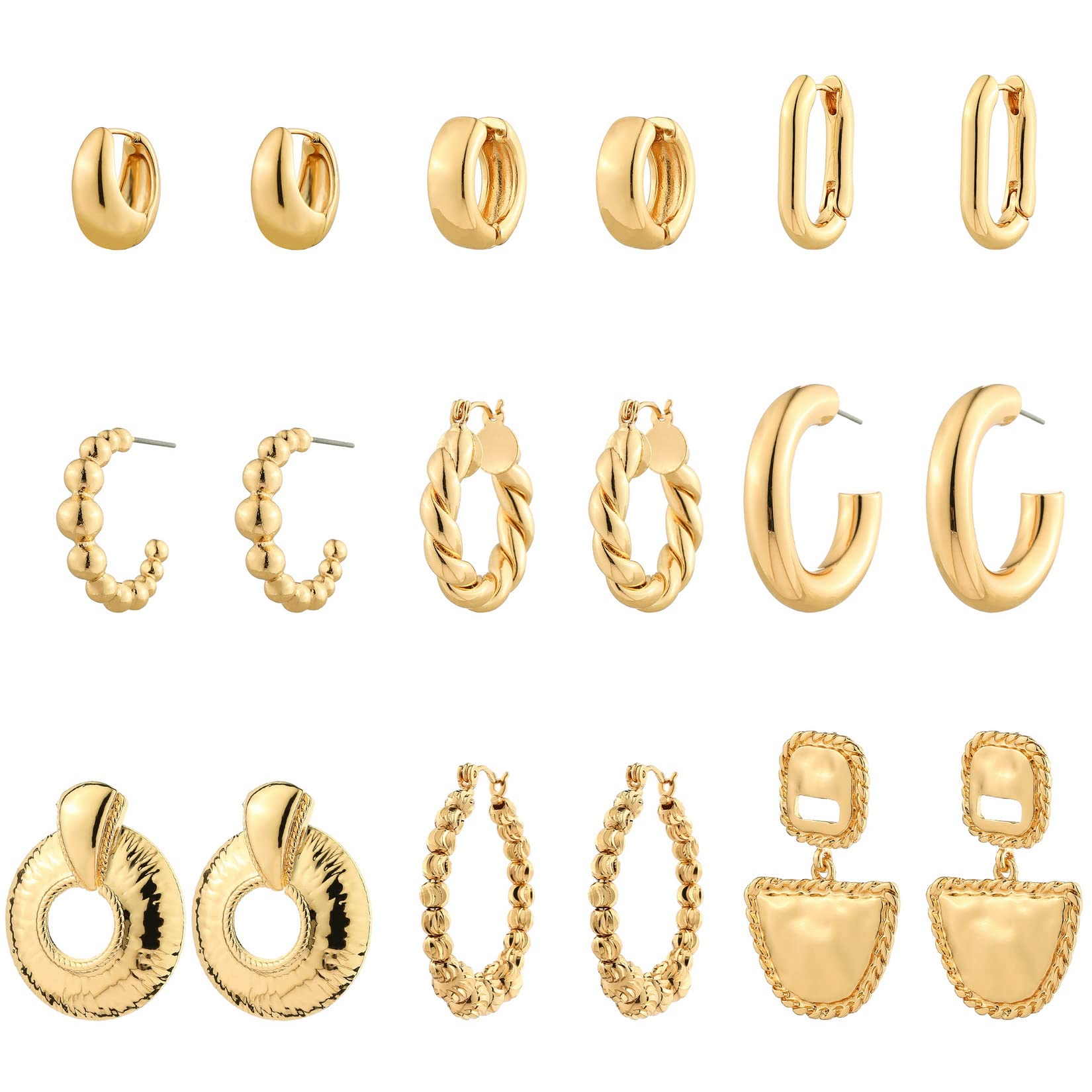 9 Pairs 14K Gold Plated Hoop Earrings Set for Women, Lightweight Chunky Twisted Open Huggie Hoops Earring Hypoallergenic.