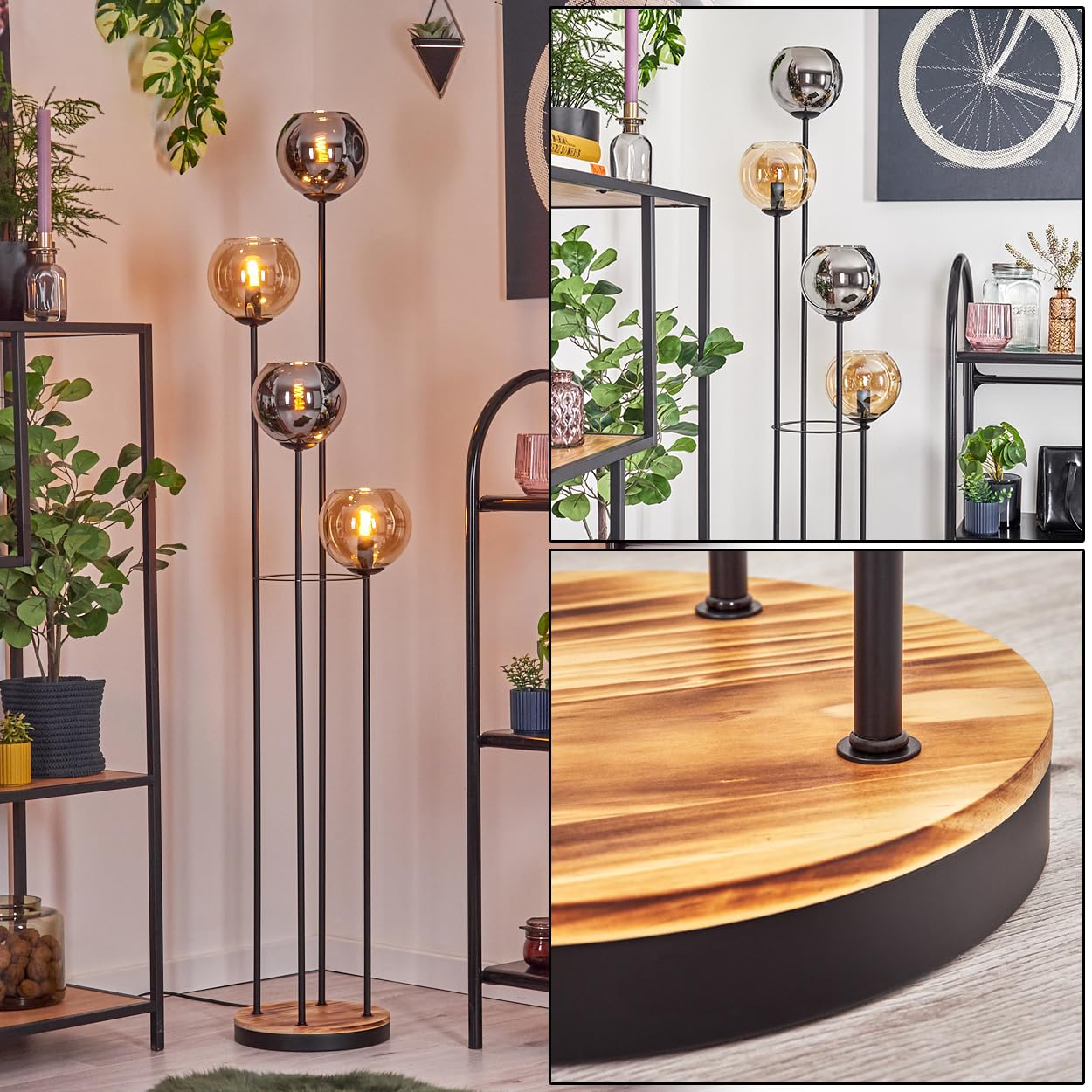 Hofstein Black/Amber Koyoto Floor Lamp, Metal/Wood/Glass Floor Lamp In /Natural/Chrome/Smoke/, Vintage-Design Lamp (Ø 15 Cm), Foot Switch, 147 Cm, E14, Living Room, Bedroom, Hallway, Office