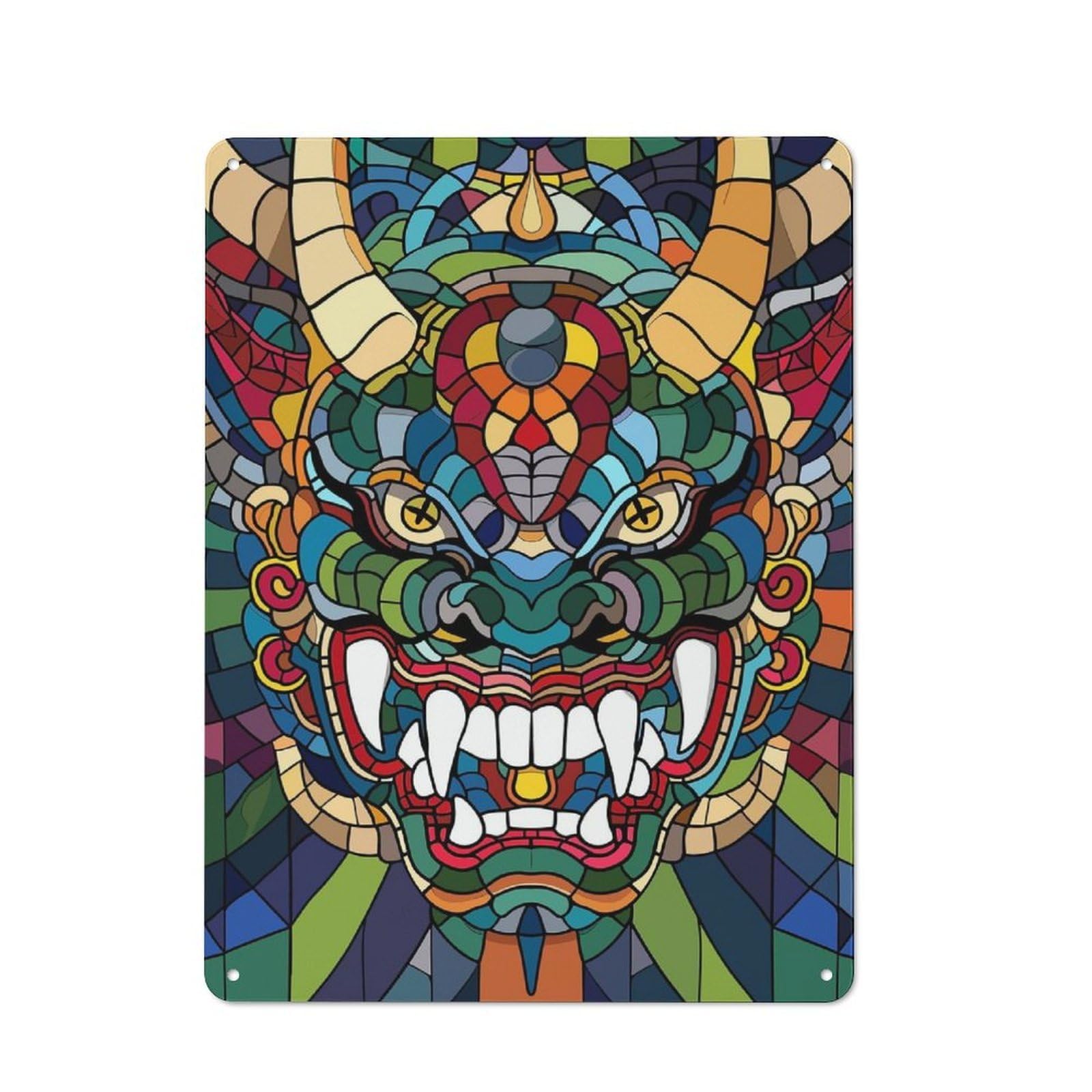 Junmoney Style-13 Stained Glass Dragon Mask Rustic Tin Wall Plaque 40X30cm For Hobby Room Or Studio, A Christmas Gift For People Styling Hobby Room And Studio