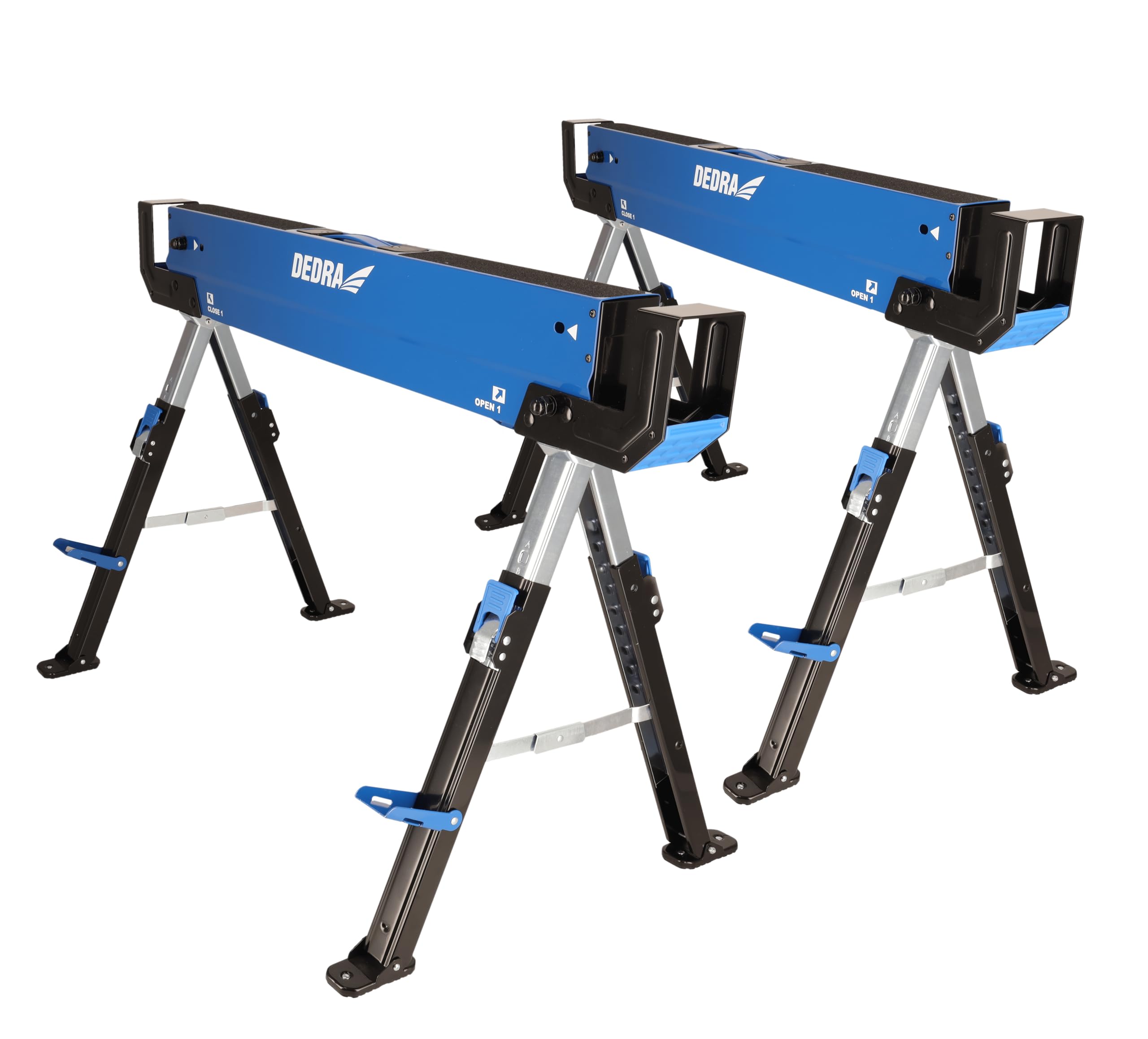 Dedra Juego de 2 caballetes de carpintero plegables N1103, altura regulable, carga máxima 1180 kg/par, acero, peso 18,9 kg, asa integrada, pies antideslizantes y superficie de trabajo