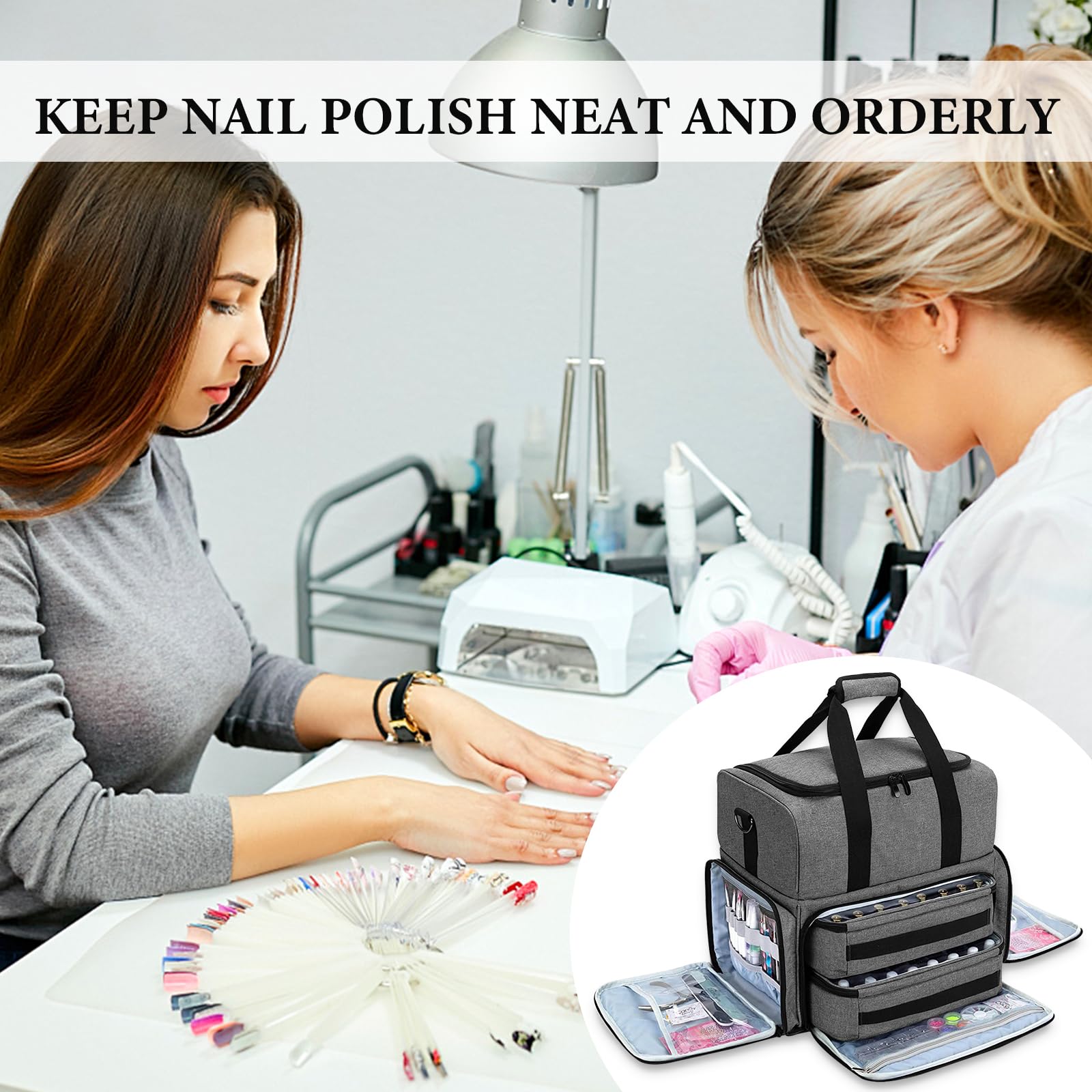 Organizer Smalti per Unghie, Adatto per 80 Flaconi (15 ml) e Lampada Unghie UV, Borsa Organizer per Smalti, Valigetta porta Smalti per Unghie Borsa da Viaggio con 2 Tasche Rimovibili, Grigio