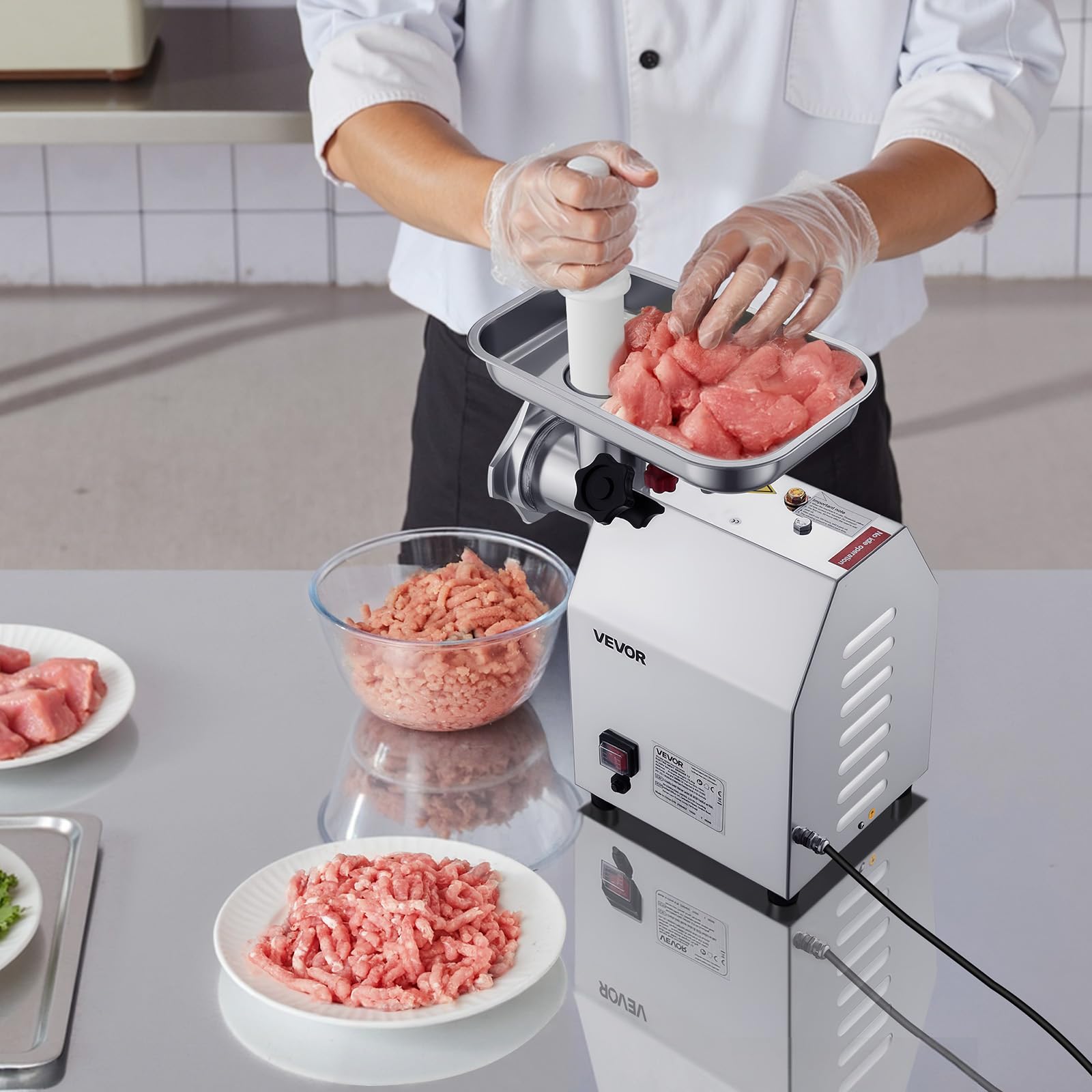VEVOR Hachoir à viande électrique, capacité de 2,49 kg/min, poussoir à saucisses industriel de comptoir avec lame, plaque de broyage, hachoir commercial en acier inoxydable pour cuisine et restaurant