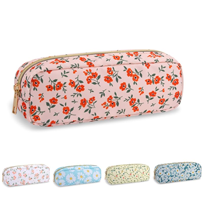 Necessaire fina UIXIZQ de nylon com flores e zíper, Slim Pink-Flowers