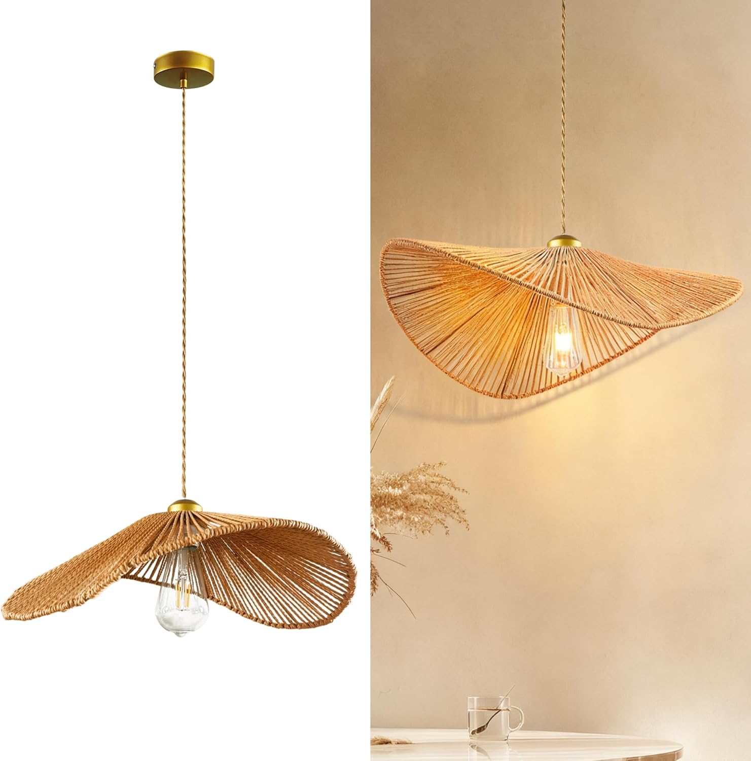 16" Boho Jute Pendant Light,Handwoven Natural Hanging Lamp Wicker Ceiling Hanging Light Fixture for Bedroom Living Room Kitchen lsland,Lotus Leaf Shape Hemp Rope Chandelier Lighting Rattan Fixture