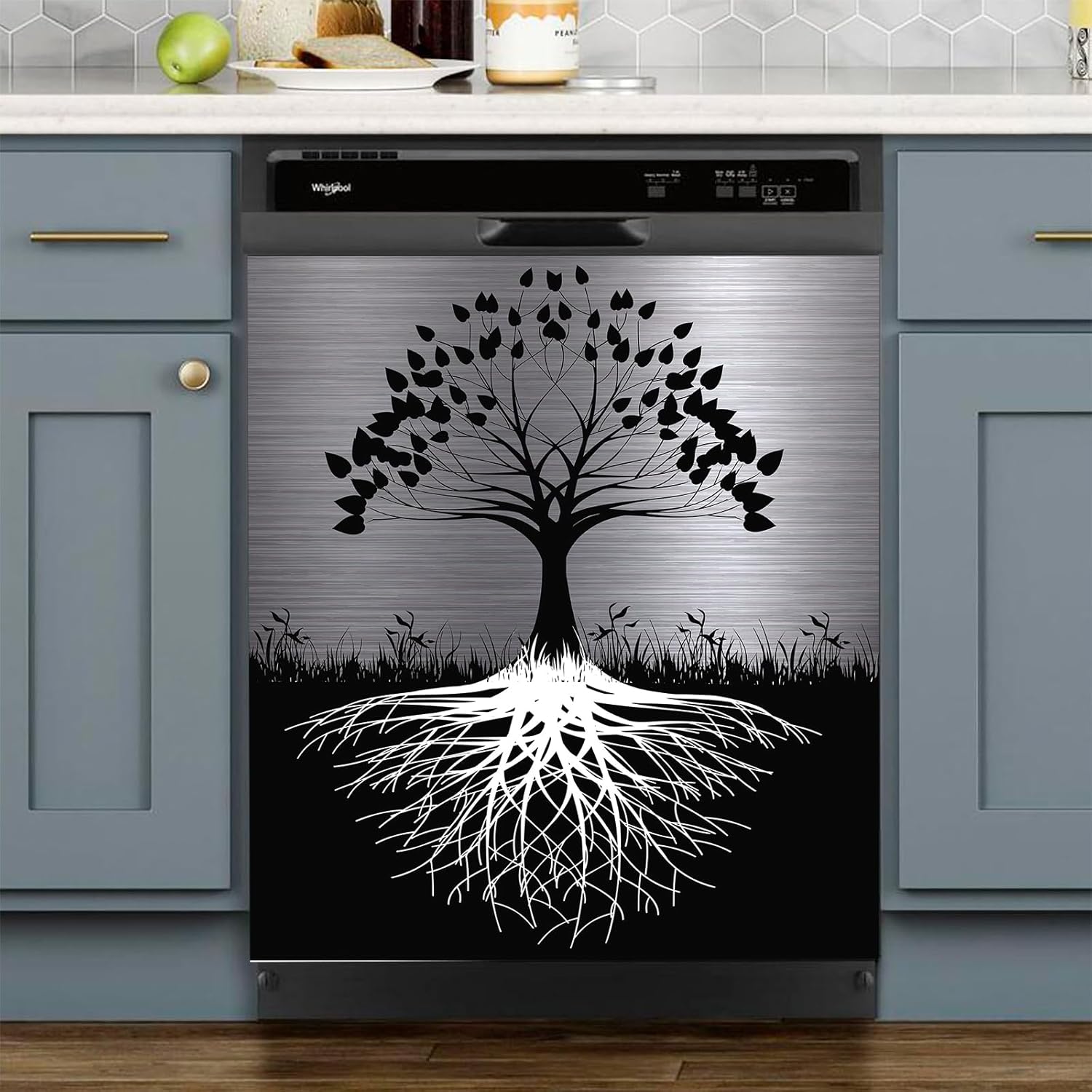 Tree of Life Dishwasher Cover Magnet Decor,23x26inch Large Polishing Metal Dishwasher Front Door,Black Kitchen Dishwasher Decal,Tree Refrigerator Panel,Sliver Metal Magnetic Dishwasher Sticker