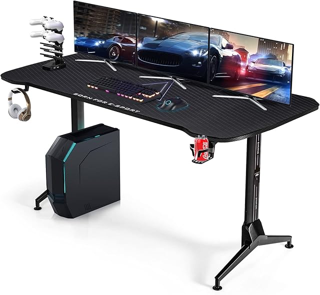 COSTWAY Gaming Computer Desk with USB Game Handle Rack, Mouse Pad and Cup Headphone Holders, Adjustable Ergonomic PC Racing Table Study Work Workstation, 160 X 74 X 70/75/80cm