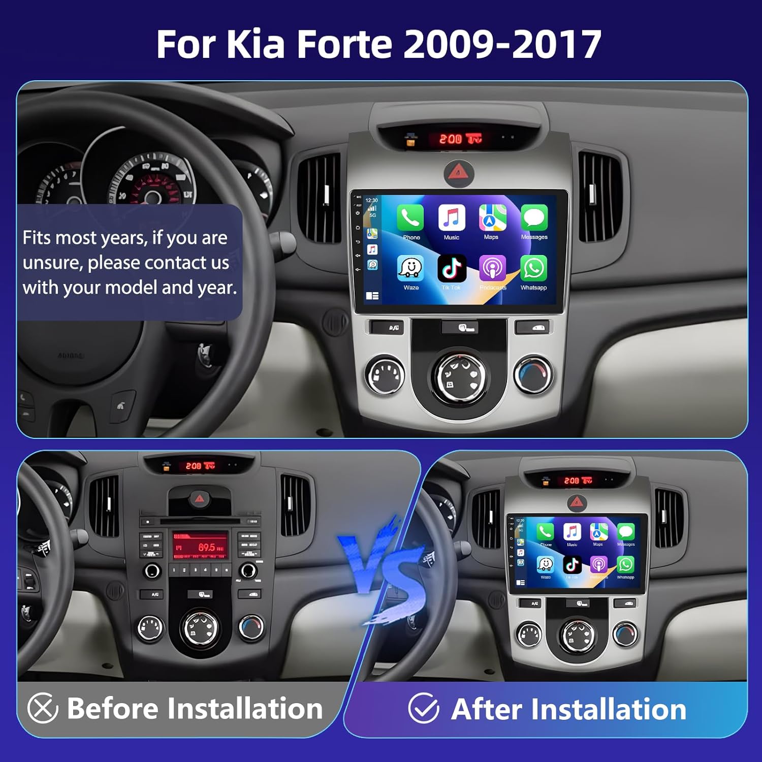 [2+64G] Car Stereo Radio for KIA Forte 2009-2017 with Carplay Android Auto 9" Touch Screen Android Audio with GPS Navigation Mirror Link RDS/FM Bluetooth Hi-Fi Backup Camera MIC