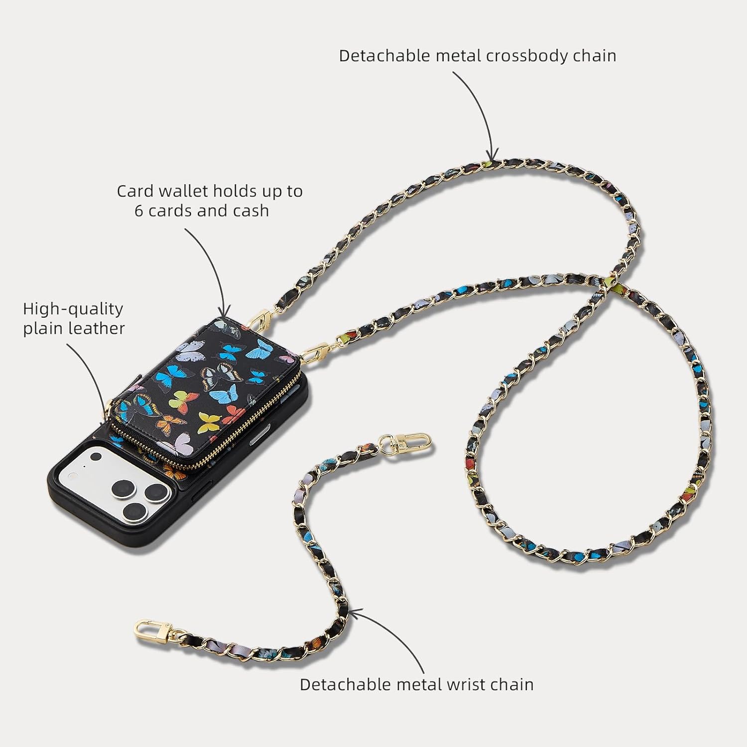 ZVE for iPhone 17 Pro Max Wallet Case with Card Holder,RFID Blocking Crossbody Chain Phone Cover for Women 6.9" Butterfly