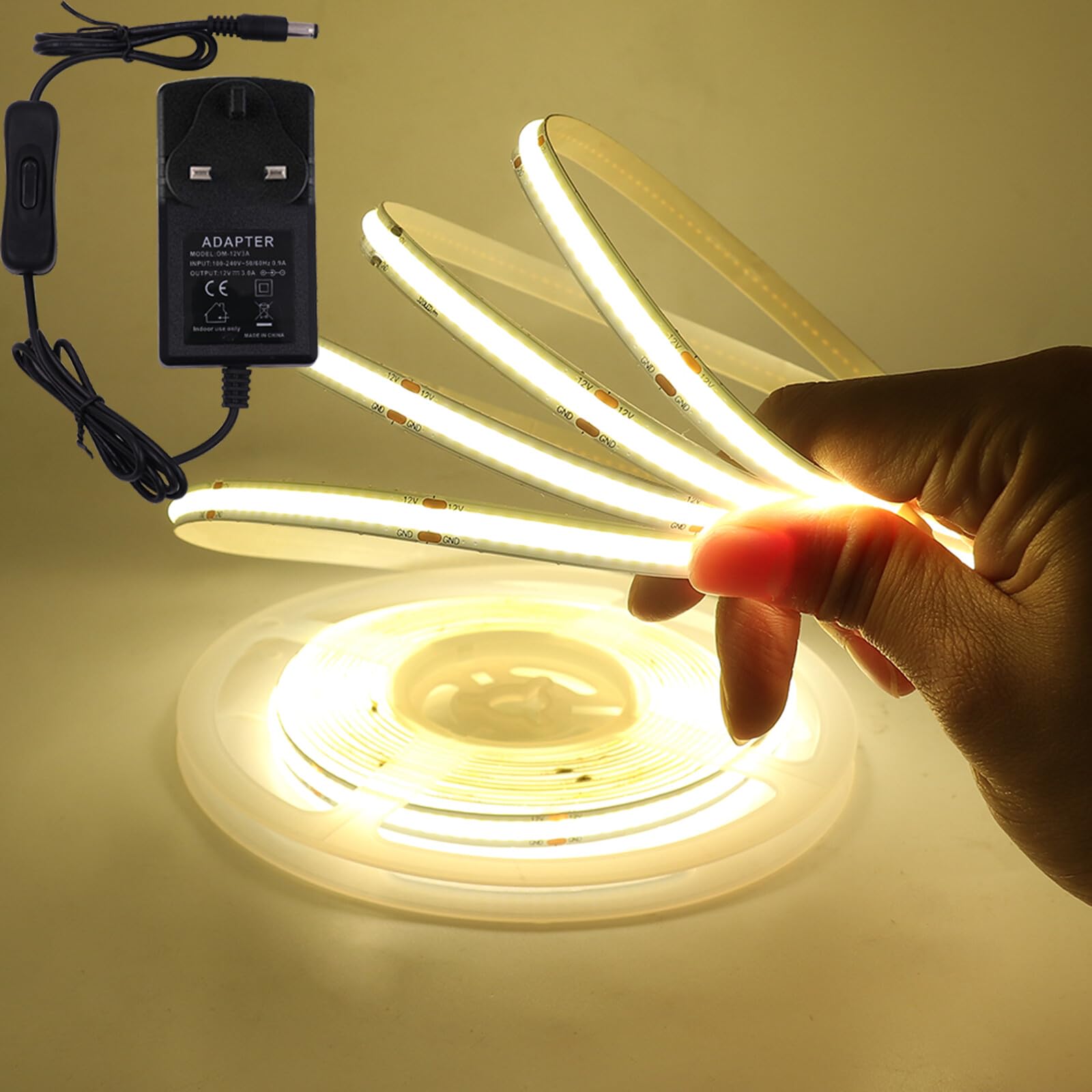 KAFULA 12V COB LED Strip Light with On/Off [4m, Natural White 4000-4500K], 320 LEDs/m Flexible FCOB LED Fairy Light CRI90+, Can be Cut Every 50mm, Bedroom Kitchen Patio Party Decoration