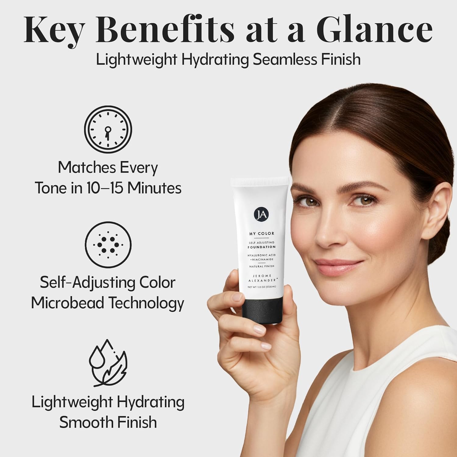 Jerome Alexander My Color Self-Adjusting Foundation, Hydrating & Lightweight Face Makeup, Skincare-Infused, with Kabuki Brush, Medium, 1 oz - Image 5