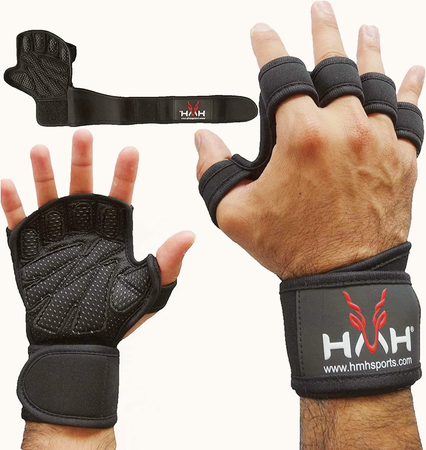 HMH Sports Gym Gloves Weight lifting Gloves for Men Women Wrist Support Padded Extra Grip Palm Protection Exercise Fitness Workout Gloves, Hanging, Pull ups, Breathable (With Wrist Band, M)