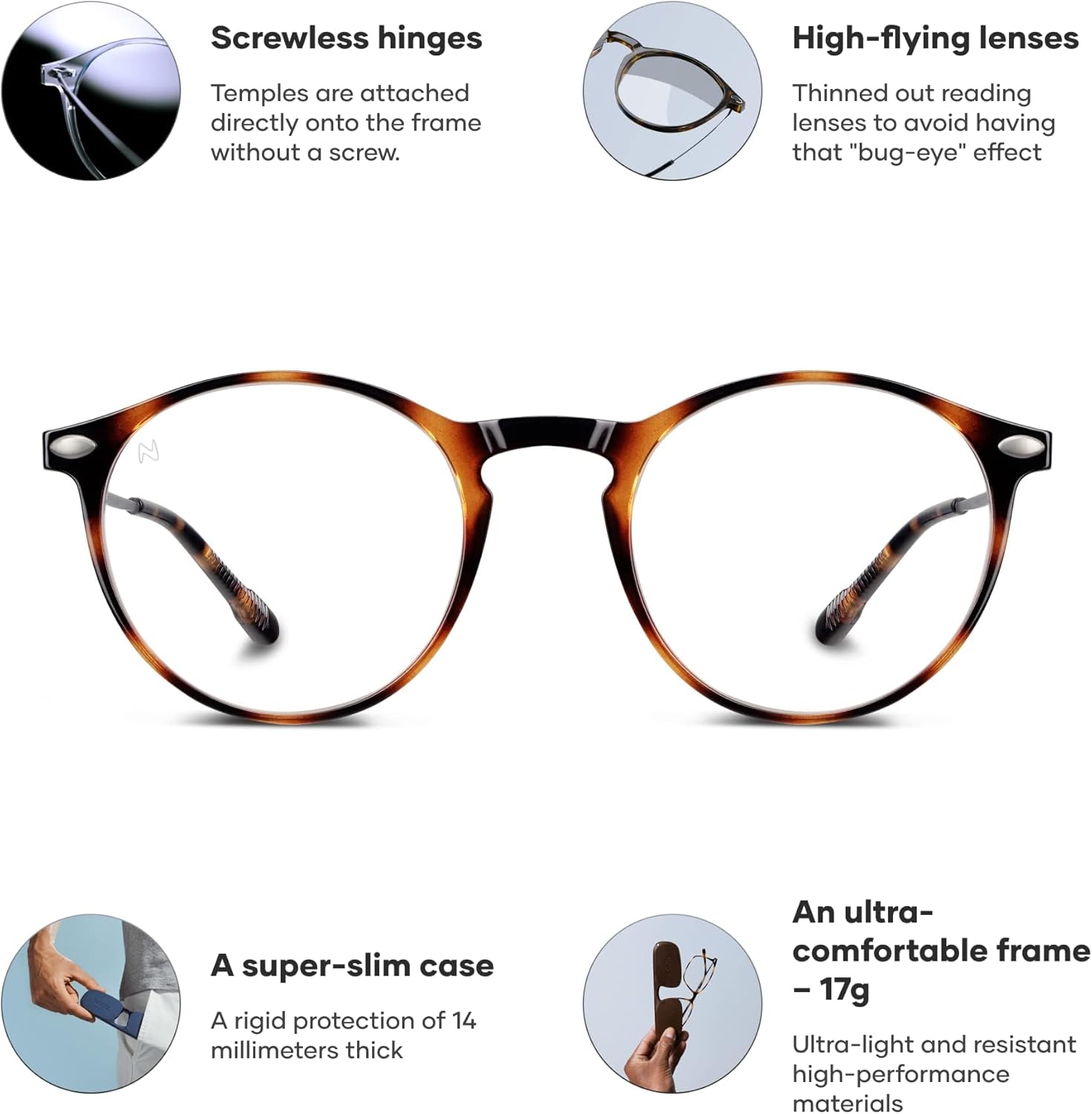 NOOZ Optics Reading Glasses - Round Shape - Magnifying Readers for Men and Women - Cruz Model Essential Collection