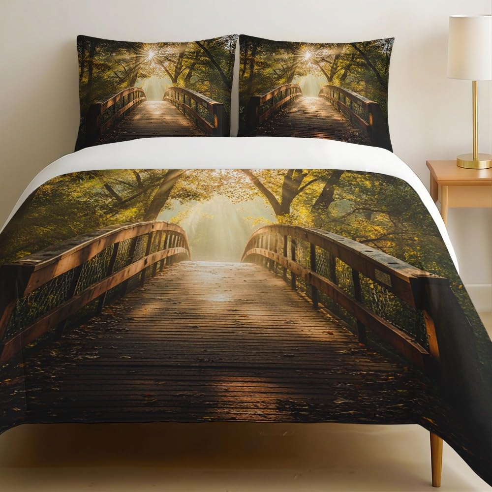 Linge de lit 200 x 200 imprimé 3D pont en bois en microfibre premium
