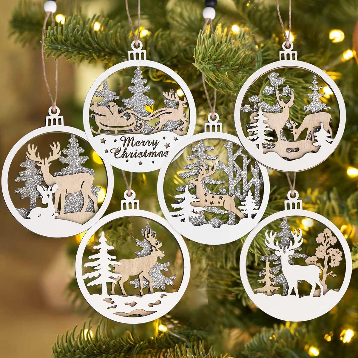 Christmas Decorations Indoor Rustic Tree Ornaments, 6 Pack