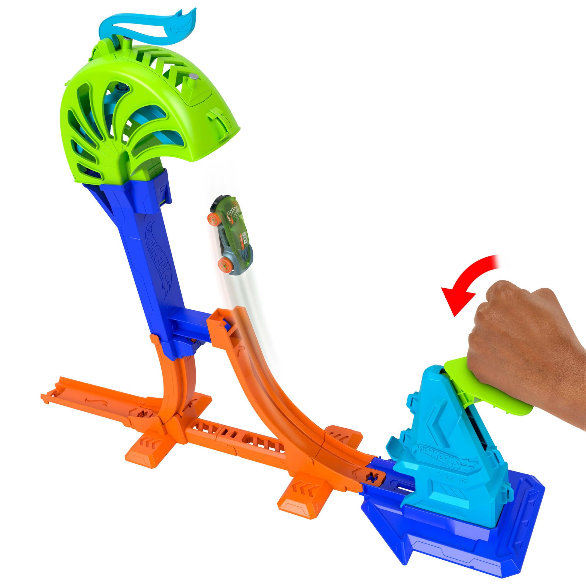 Hot Wheels Lanceur Vertical de l’Extrême Coffret cascades avec saut de 45 cm de haut et cage de récupération, compatible piste Speed Snap, véhicule à l’échelle 1/64, JHK75