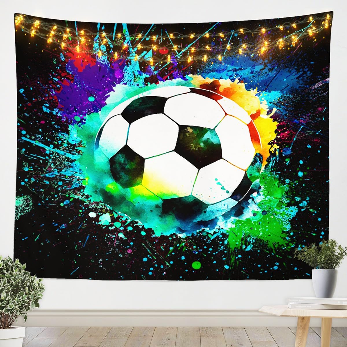 jejeloiu Football Kids Tapestry Small 51"x59" Colorful Wall Hanging For Boys Girls Teens Decor Soccer Ball Pattern Wall Blanket Sports Theme Bedding