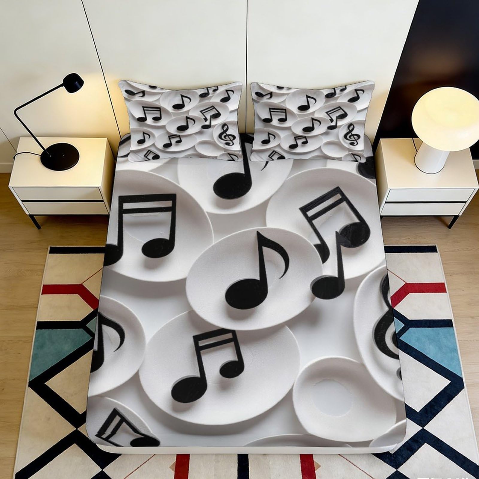 Pnayamiorkfel Style-3 3D Printed Musical Notes Fitted Sheet Microfiber Soft Black White Music Symbol Bed Cover For Bedroom Guest Room 90X200x25cm