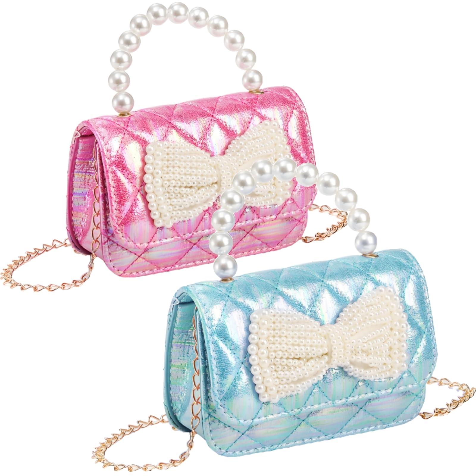 Acshio 2 Pack Girls Princess Purses, Sparkly Bow Handbags Crossbody Bags with Pearl Handle, Small Cute Crown Princess Shoulder Chain Bag for Gift,