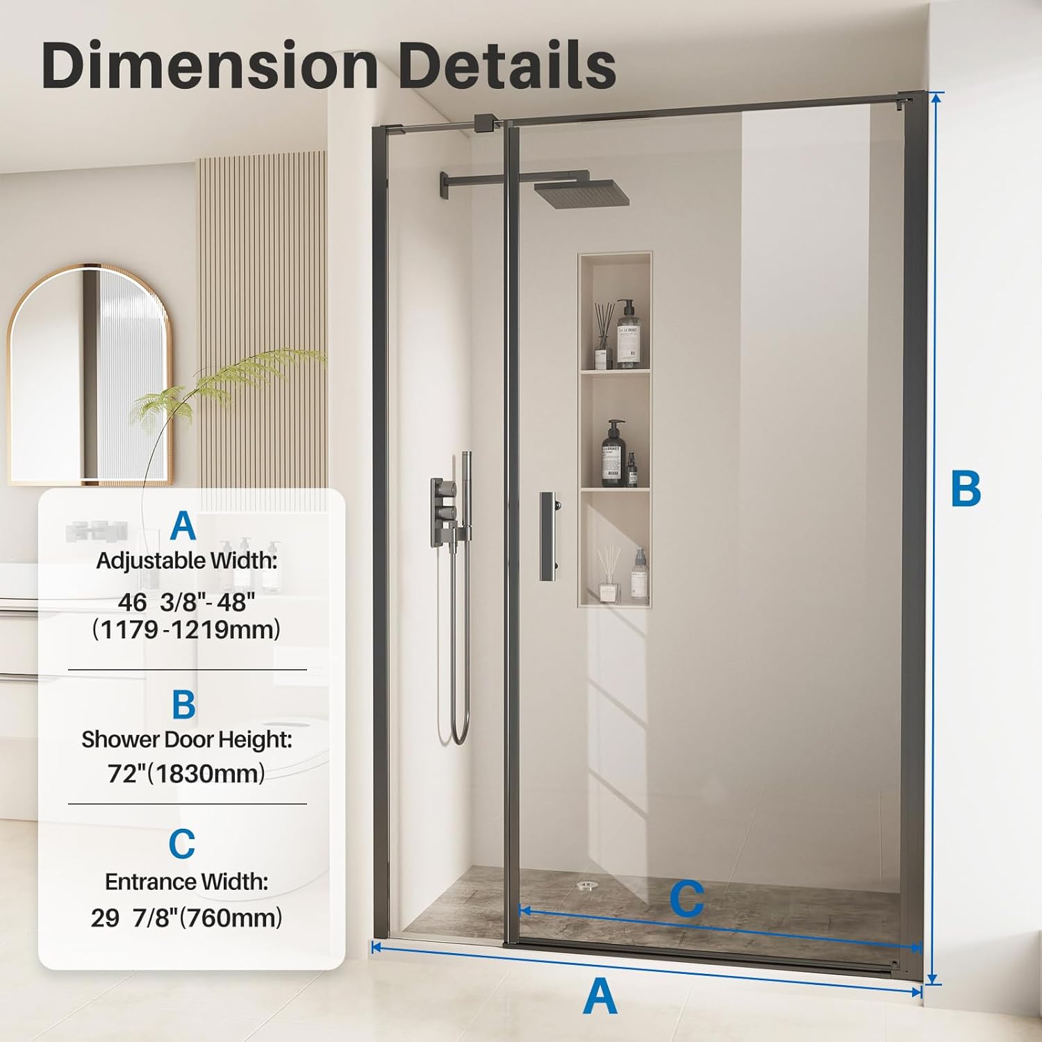 bathbliss framed pivot shower door, glass shower door in matte black, 46.5" to 48" w x 72" h, 5/16" tempered glass, reversible installation, easy setup matte black 48”wx72”h
