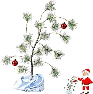 24" Tabletop Christmas Tree with Red Glossy Ball, Wooden Stand Mini Christmas Bent Tree with Blue Blanket Holiday Décor,Holiday Memories Decorations Gift