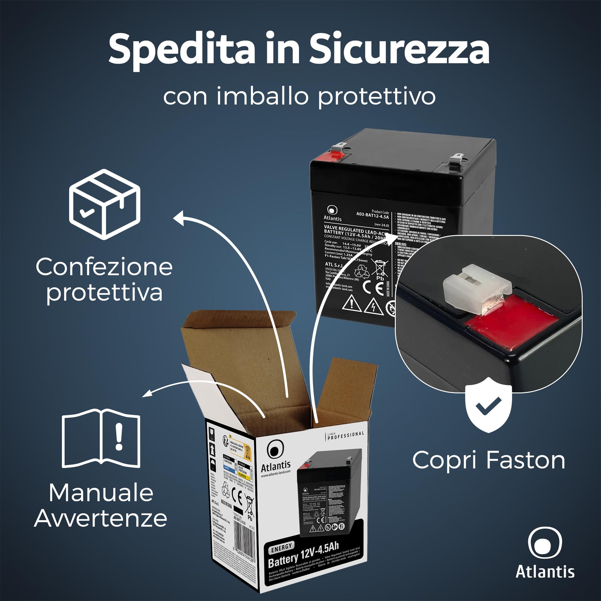 Atlantis batteria piombo 12V 4,5Ah ermetica VRLA per UPS Videosorveglianza allarme