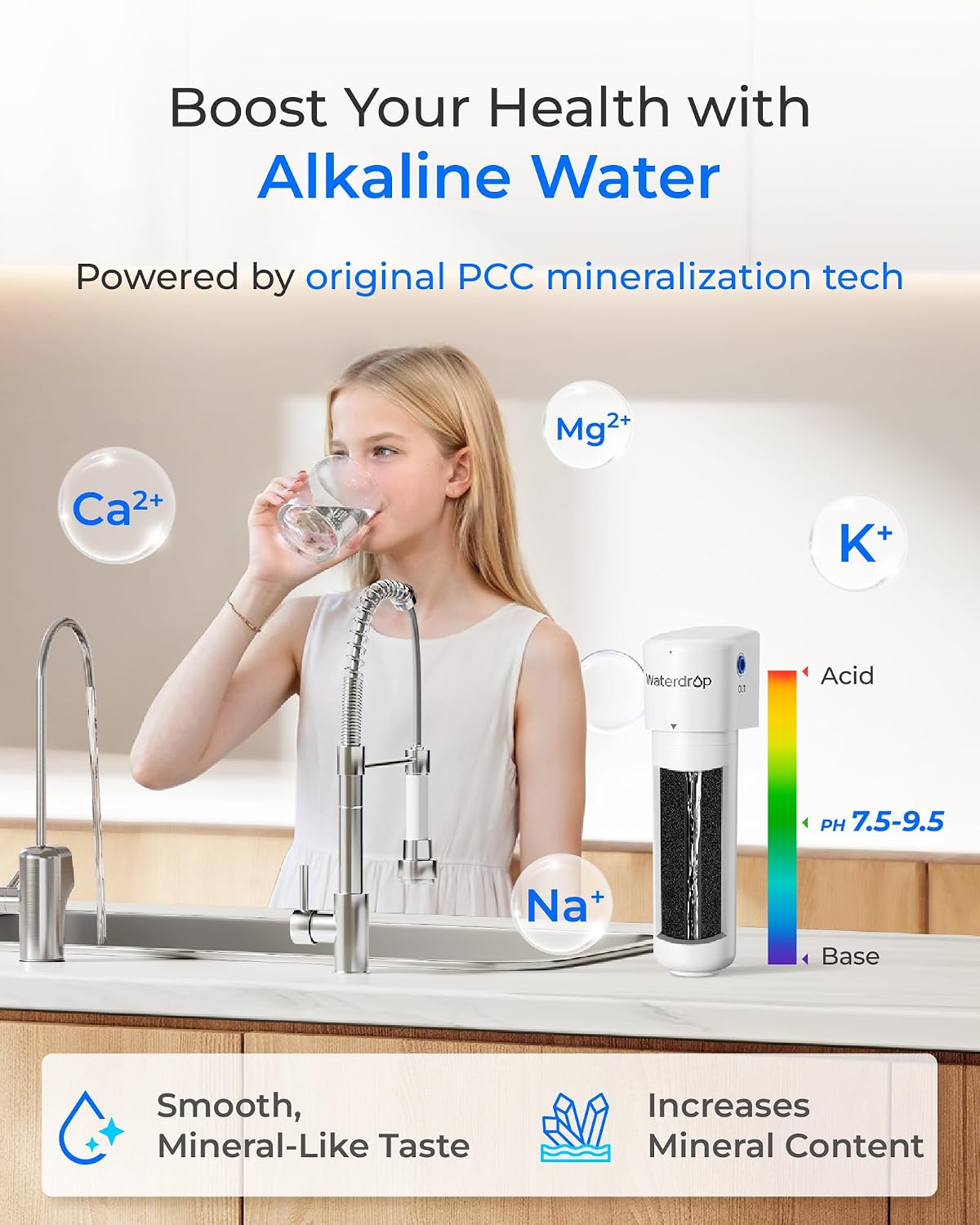 Waterdrop ALK16 Alkaline Water Filter System for Sink, Mineralizing Water, NSF/ANSI 372 Certified, Compatible with Reverse Osmosis Systems, Under Sink Installation