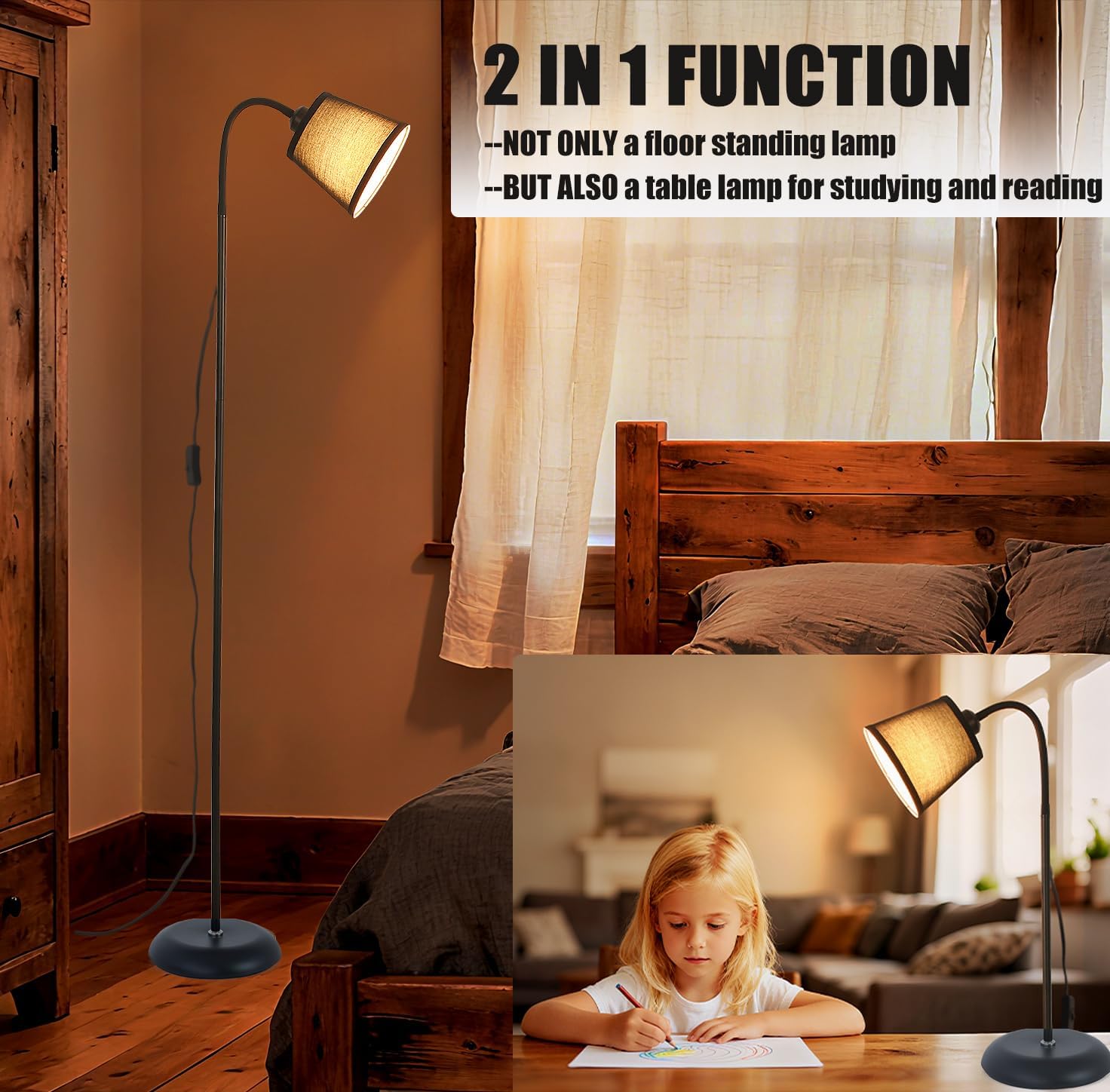 AoMck Floor Lamp, Industrial Metal Floor Lamps for Living Room with Adjustable Bendable 2 in 1 Reading Table Lamps for Living Room Bedroom Office (B+Black Shade)