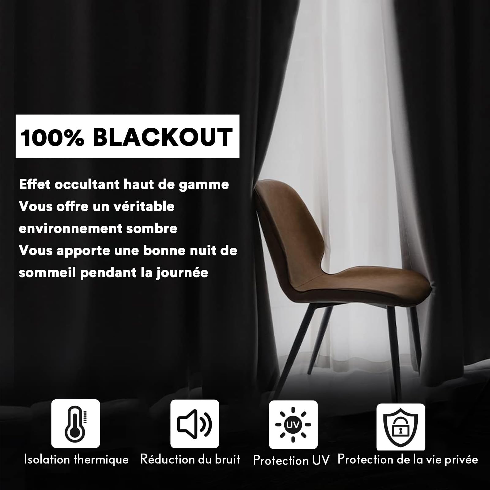 BellaHills 100% Rideau Occultant,2 Panneaux Rideaux Occultant Thermique Isolant,Tenture Opaque à Oeillets Isolation Lumiere,pour Salon et Chambre,140x145CM,Noir