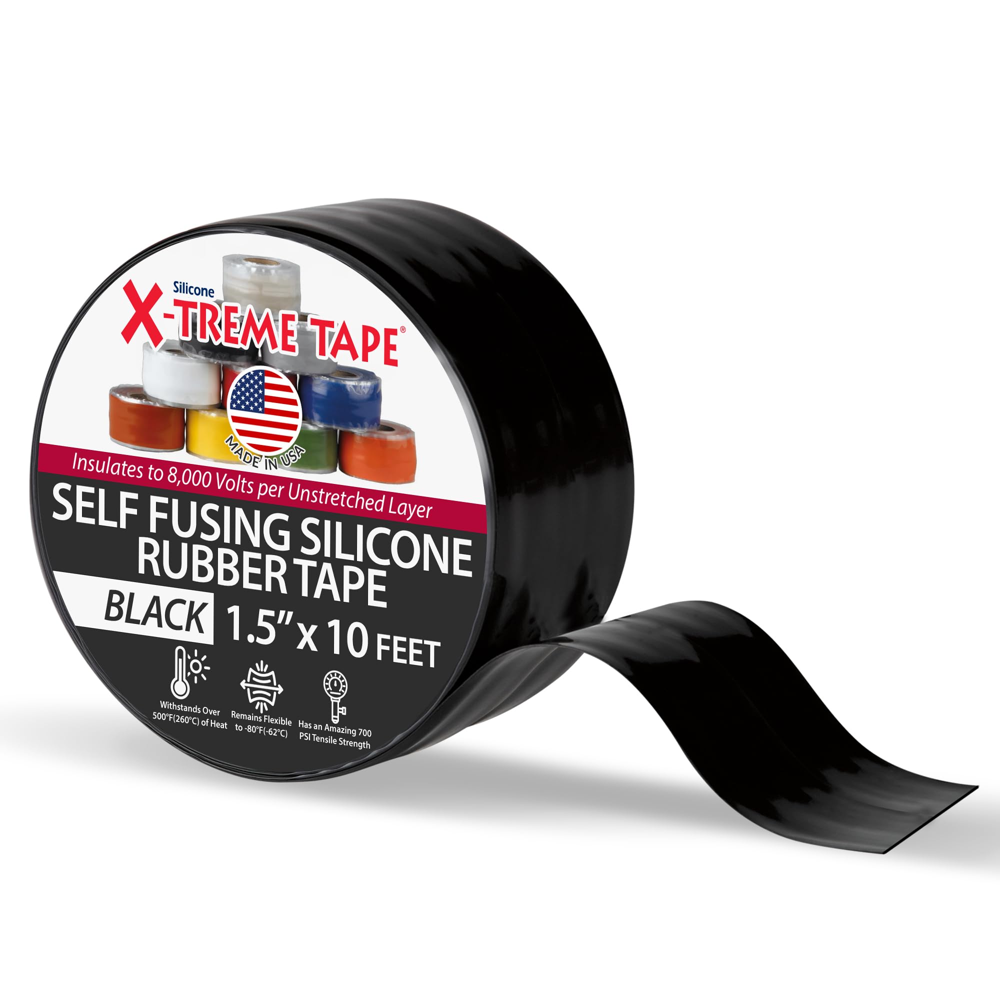 X-Treme Tape TPE-XR1510ZLB Silicone Rubber Self Fusing Tape, 1.5" x 10', Rectangular, Black