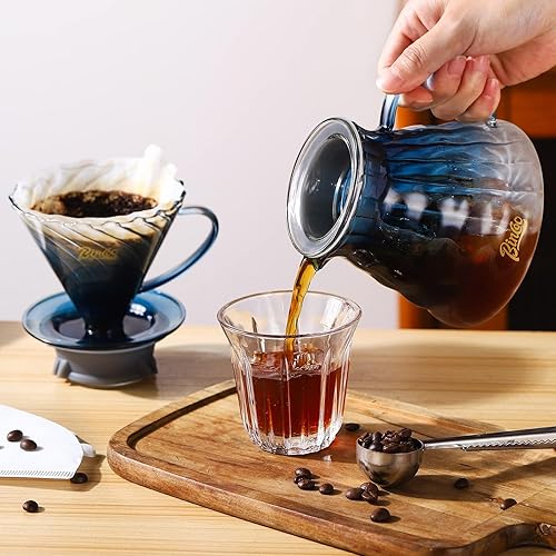 Miniatura 3 de Bincoo V60 - Juego de cafetera de vidrio con soporte de madera y papel de filtro para regalo de oficina en casa (azul)