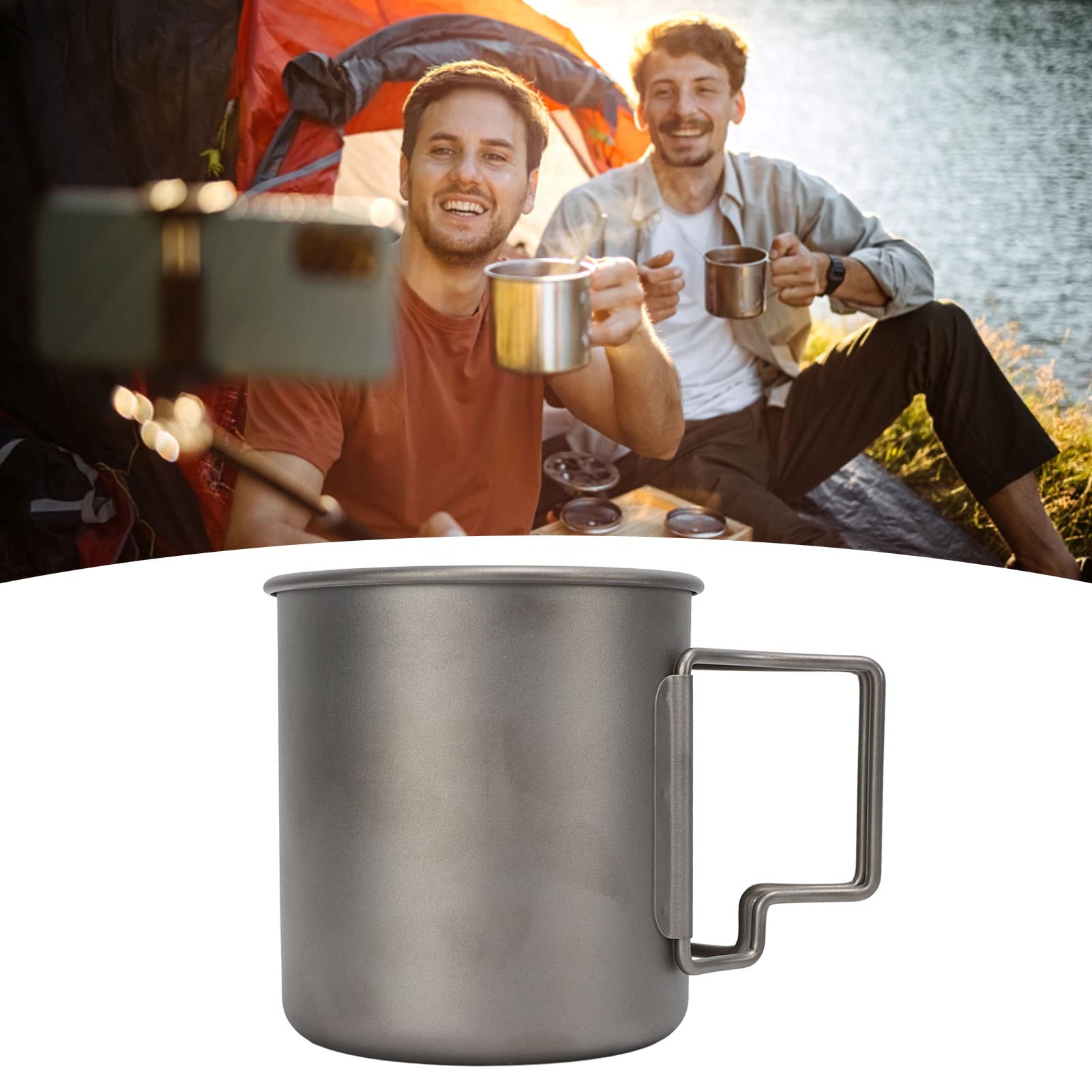 Camping Titanium Cup, 500 ml zaokrąglona krawędź Lekki przenośny kubek ze składanym uchwytem do użytku na zewnątrz