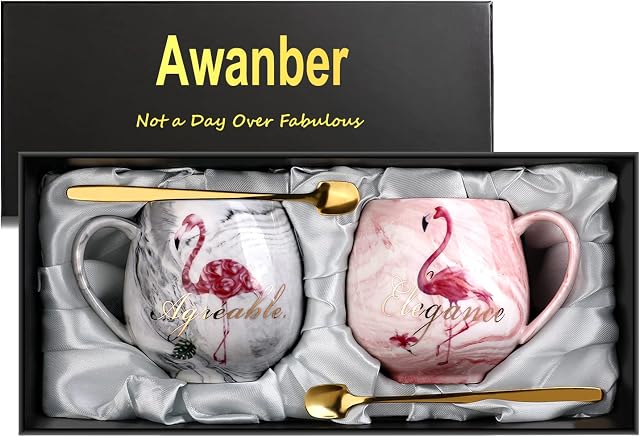 Flamingo Coffee Mugs Set of 2, Awanber Marble Ceramic Coffee Tea Mugs - Engagement Gift Wedding Gift for Couples, Best Birthday Christmas Gift for Women, Girls, Friends - Gift Boxed with 2 Pcs Spoons