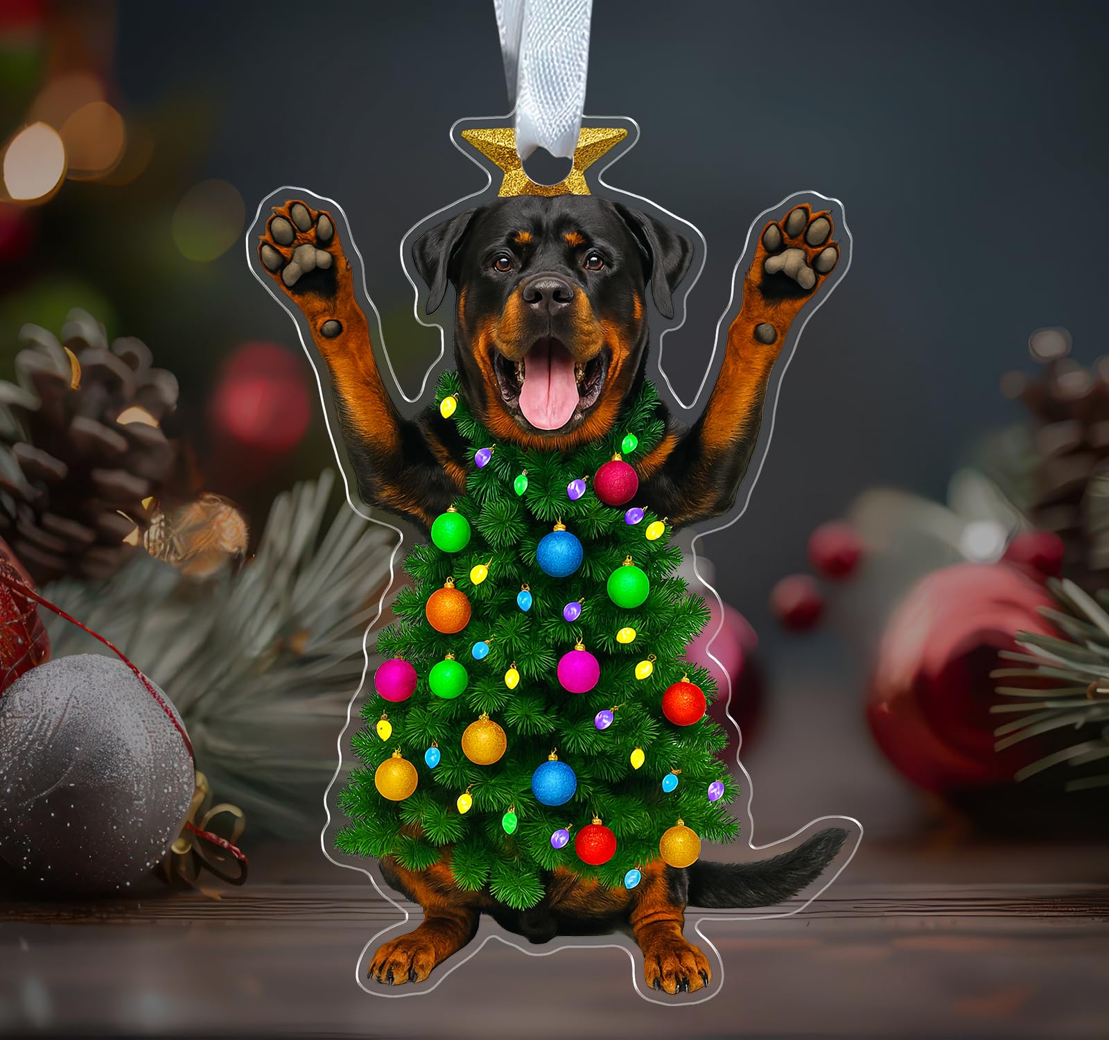 Rottweiler de Noël en acrylique suspension haut de gamme pour sapin