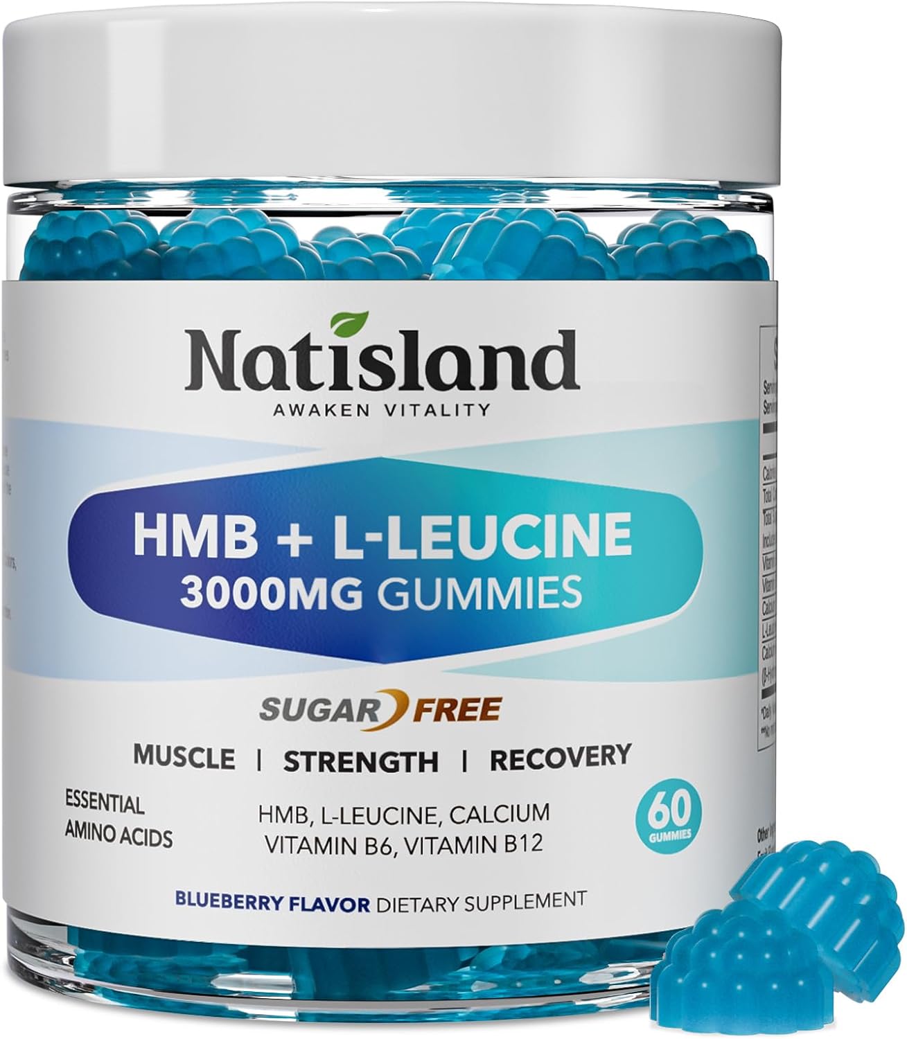 HMB and L-Leucine Gummies, HMB and Leucine Amino Acid Supplements for Men & Women, Muscle Mass & Strength, Muscle Recovery & Health, Sugar-Free, Vegan, Blueberry Flavor, 60 Count