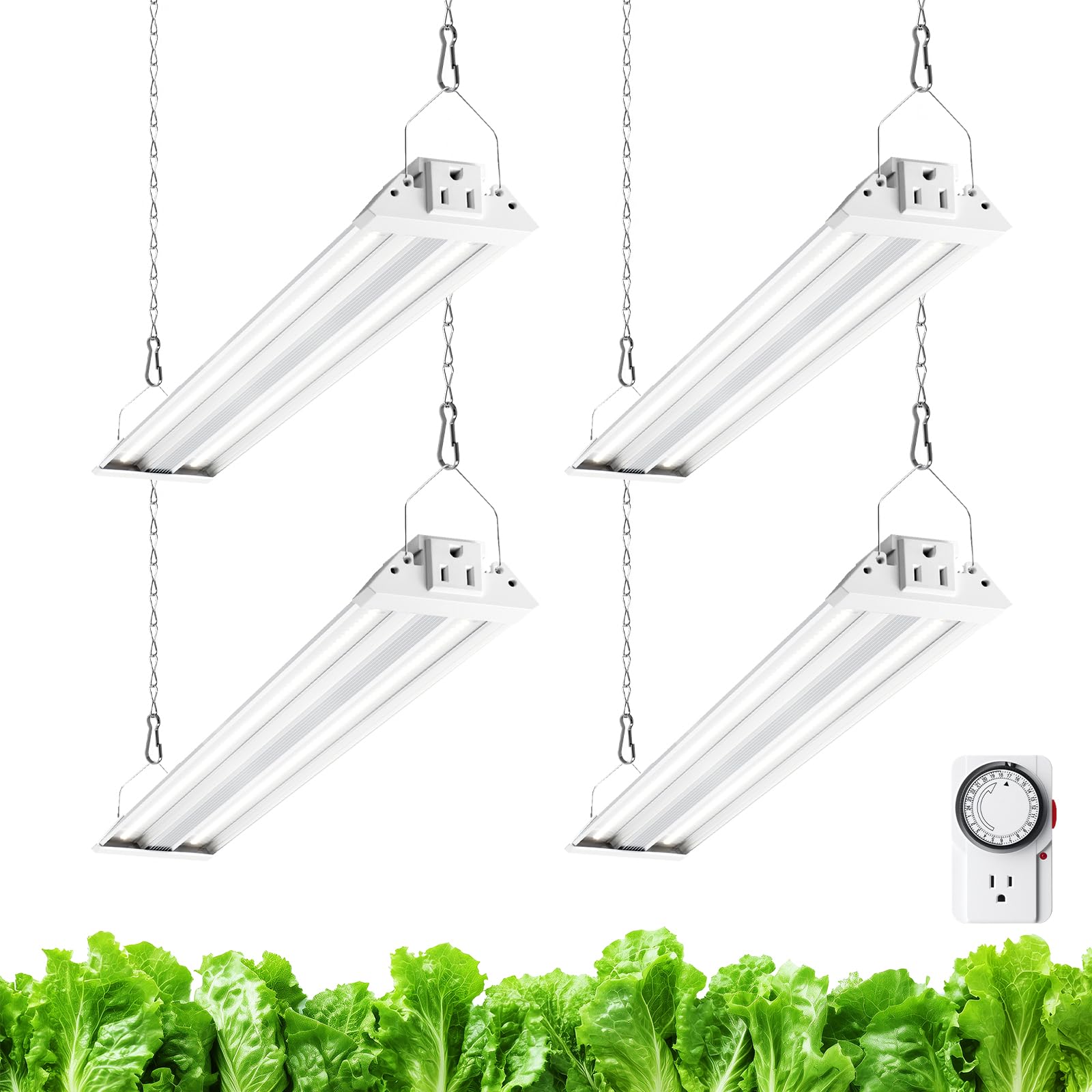 BarrinaTX36 2FT Grow Light for Indoor Plants, 144W(4 x 36W, 800W Equivalent), High PPFD, 5000K Full Spectrum, Mechanical Timer, Hanging Grow Lights for Seedings, with On/Off Switch, Linkable, 4 Packs
