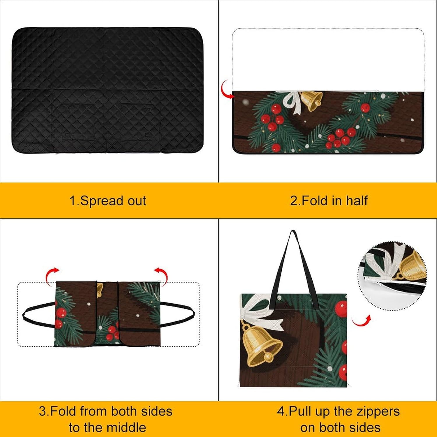 Merry Christmas Picnic Blanket 150x100cm, Foldable 2-in-1 Picnic Mat and Tote Bag Portable Waterproof Beach Mat Sandproof Outdoor Blanket for Park, Hiking, Beach, Camping, Travel