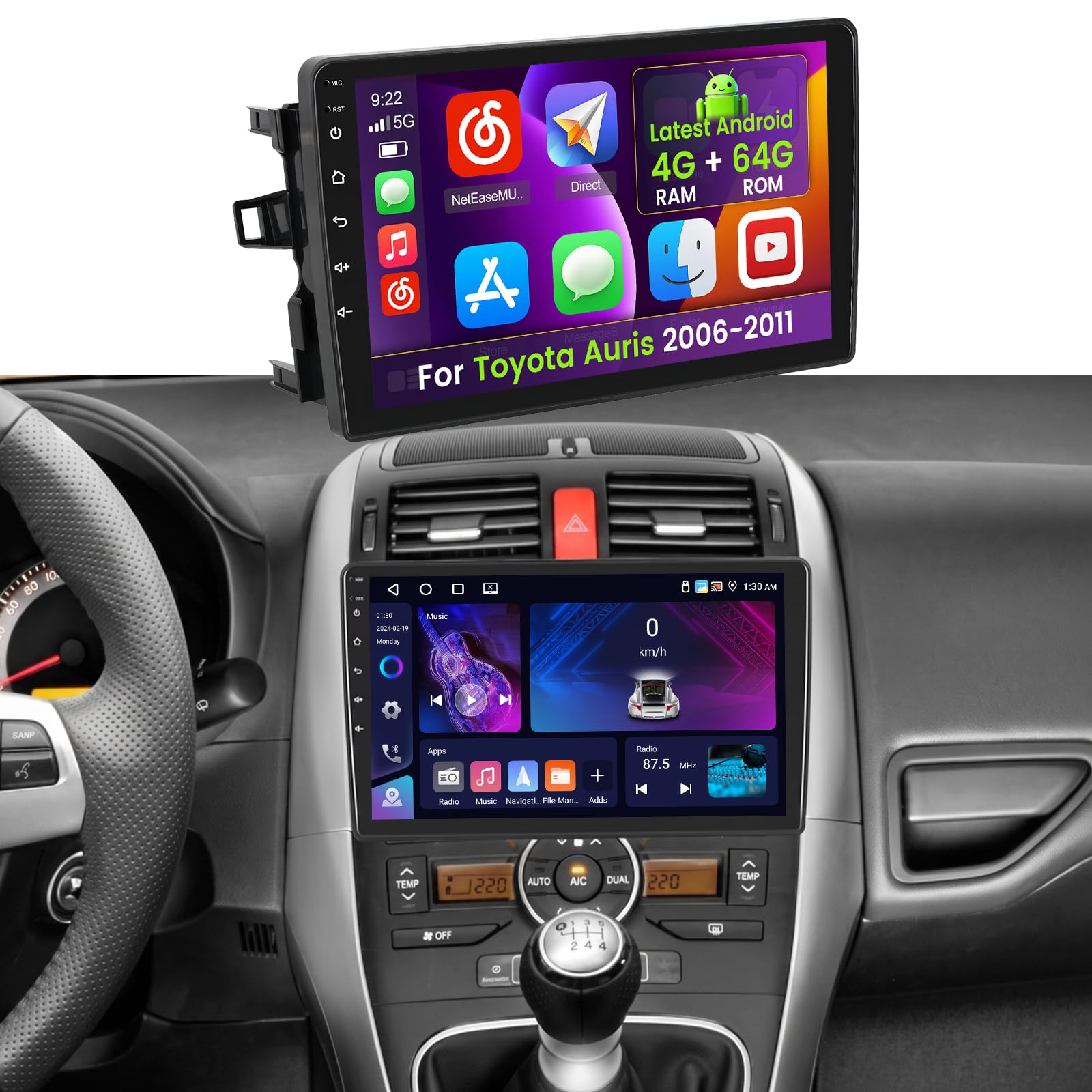 Inefala 4+64G Autoradio para Toyota Auris 2006-2011 Android 15 con Wireless Carplay y Android Auto, 9'' Radio Pantalla con Bluetooth 32EQ GPS FM/RDS SWC AHD Cámara Inversa