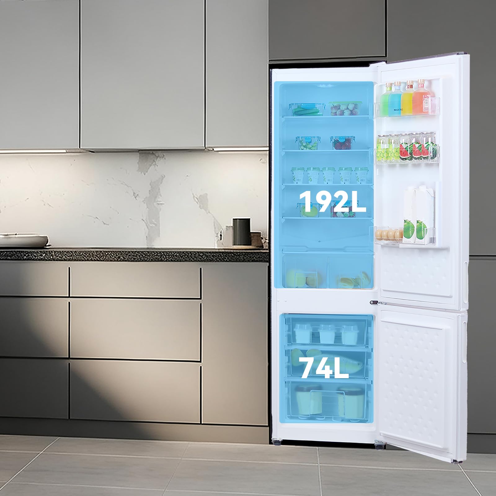 magictec Frigorifero a libera installazione con congelatore | 266 litri (192 l/74 l) | Combinazione frigorifero-congelatore | Low-frost | Illuminazione a LED | Bianco