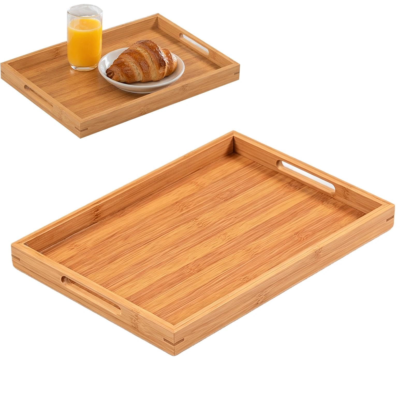 Bamboo Serving Tray with Handles,Wooden Tray for Snack,Dinner,Food, Home Decorative Storage, Platter, Ottoman,Kitchen for Home, Cafes, Eateries Etc